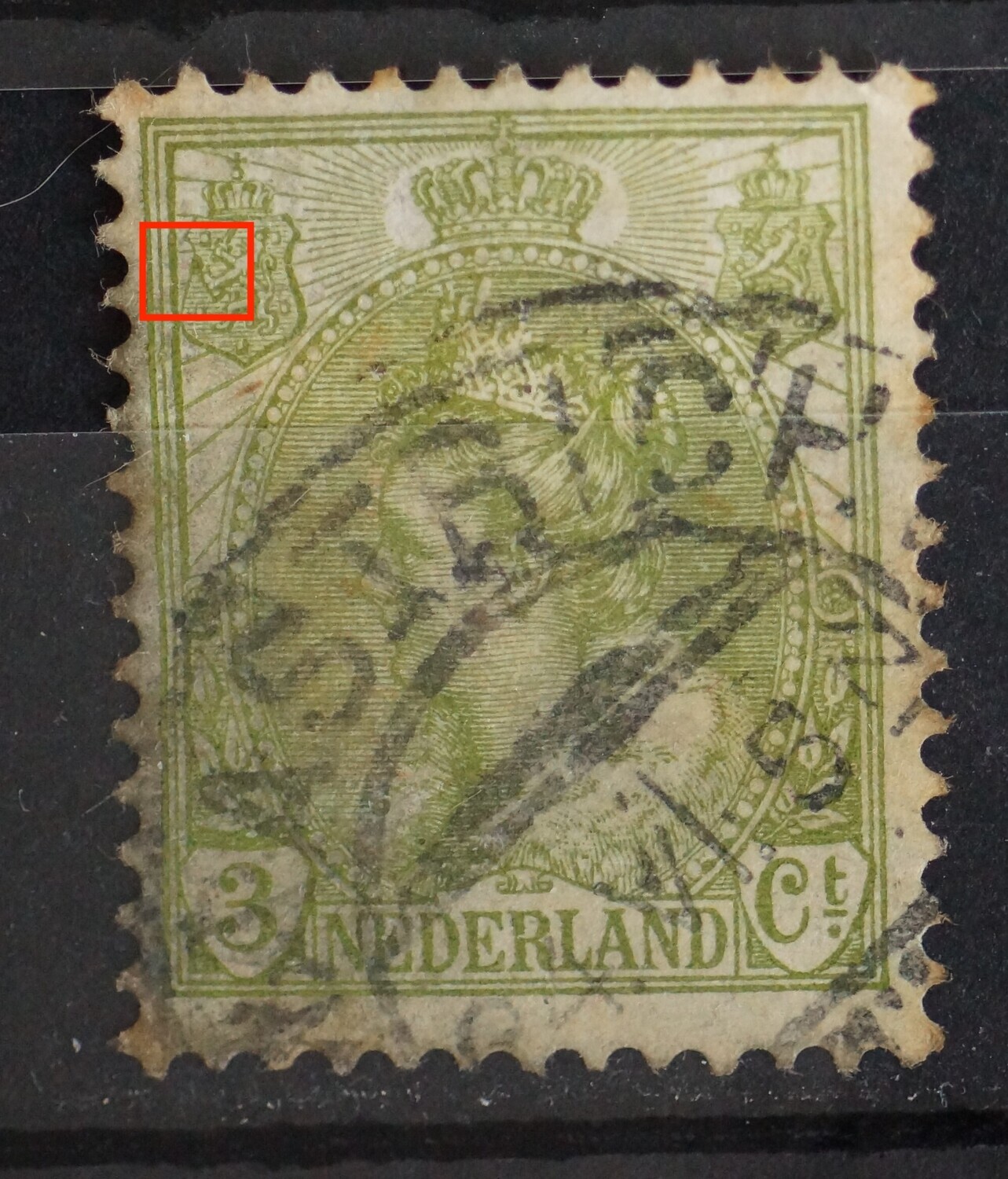 NVPH 57 - groene vlek boven de pijlenbundel in linker wapenschild