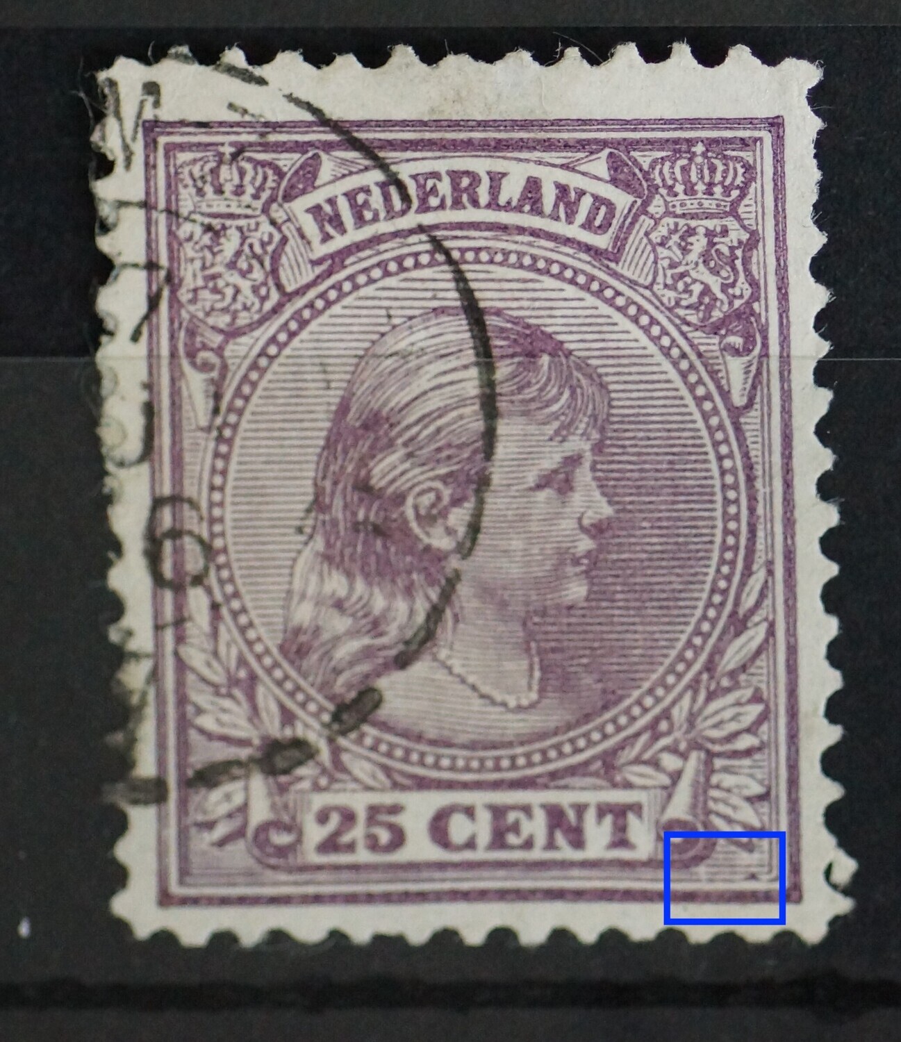 NVPH 42 - breuk in kaderlijn en violette vlek rechtsonder