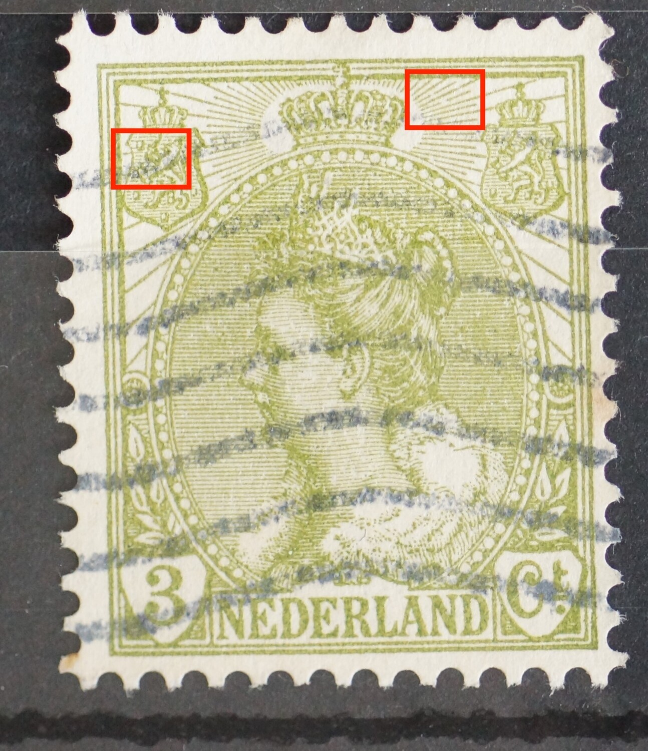 NVPH 57  - o.a. breuk in straal rechts van kroon en groene vlek onder het zwaard in het linker wapenschild