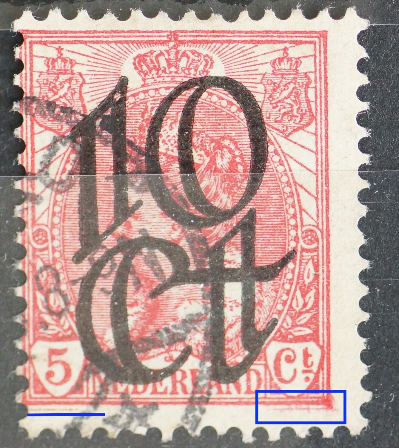 NVPH 117 - extra rode lijnen onder het zegelbeeld