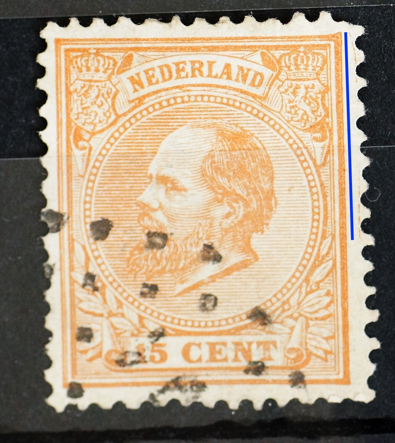 NVPH 23 - bruine lijn naast het zegelbeeld rechts NVPH 23 - bruine lijn naast het zegelbeeld rechts