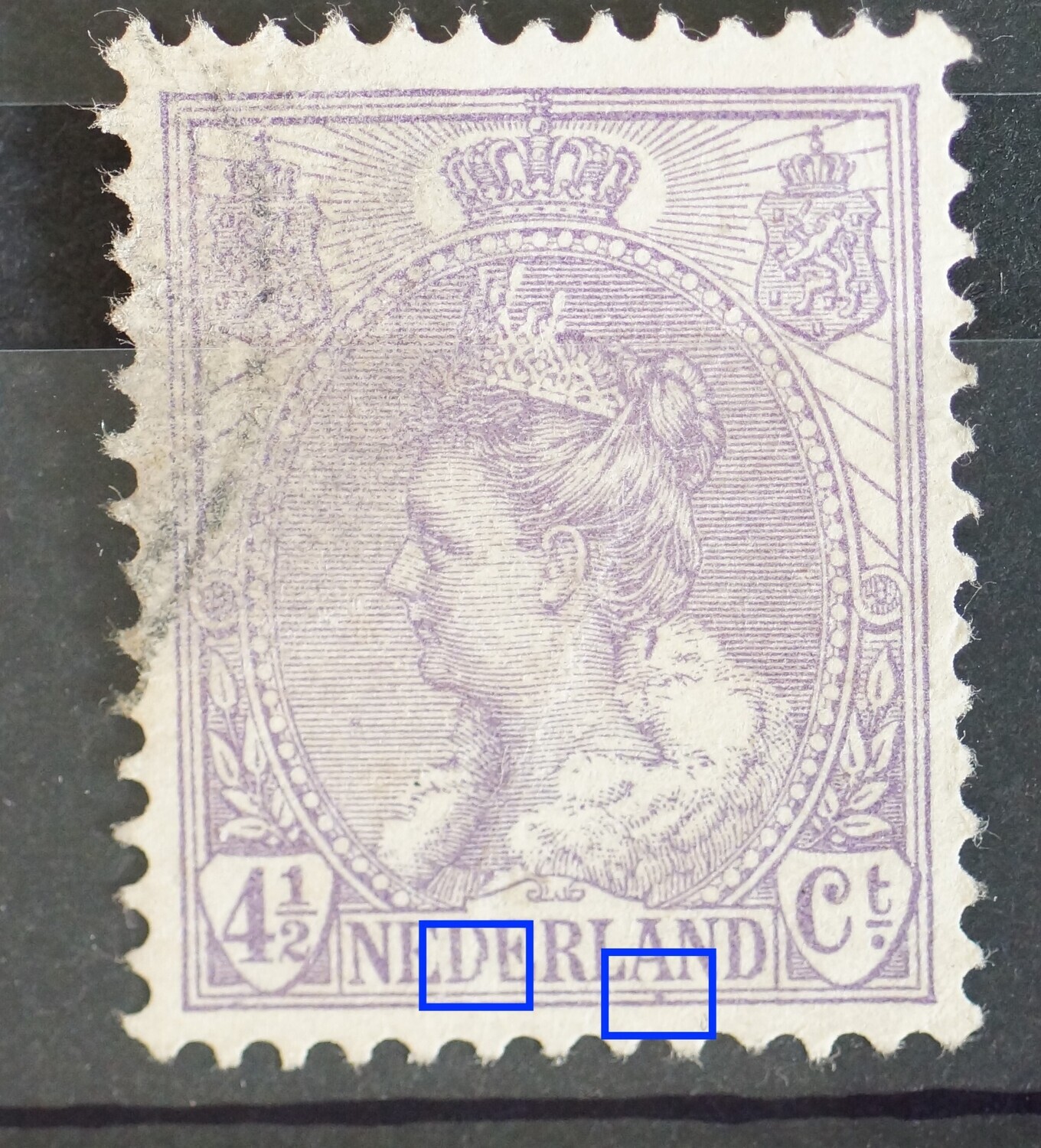 NVPH 59 - o.a. violette punt onder de A van NEDERLAND