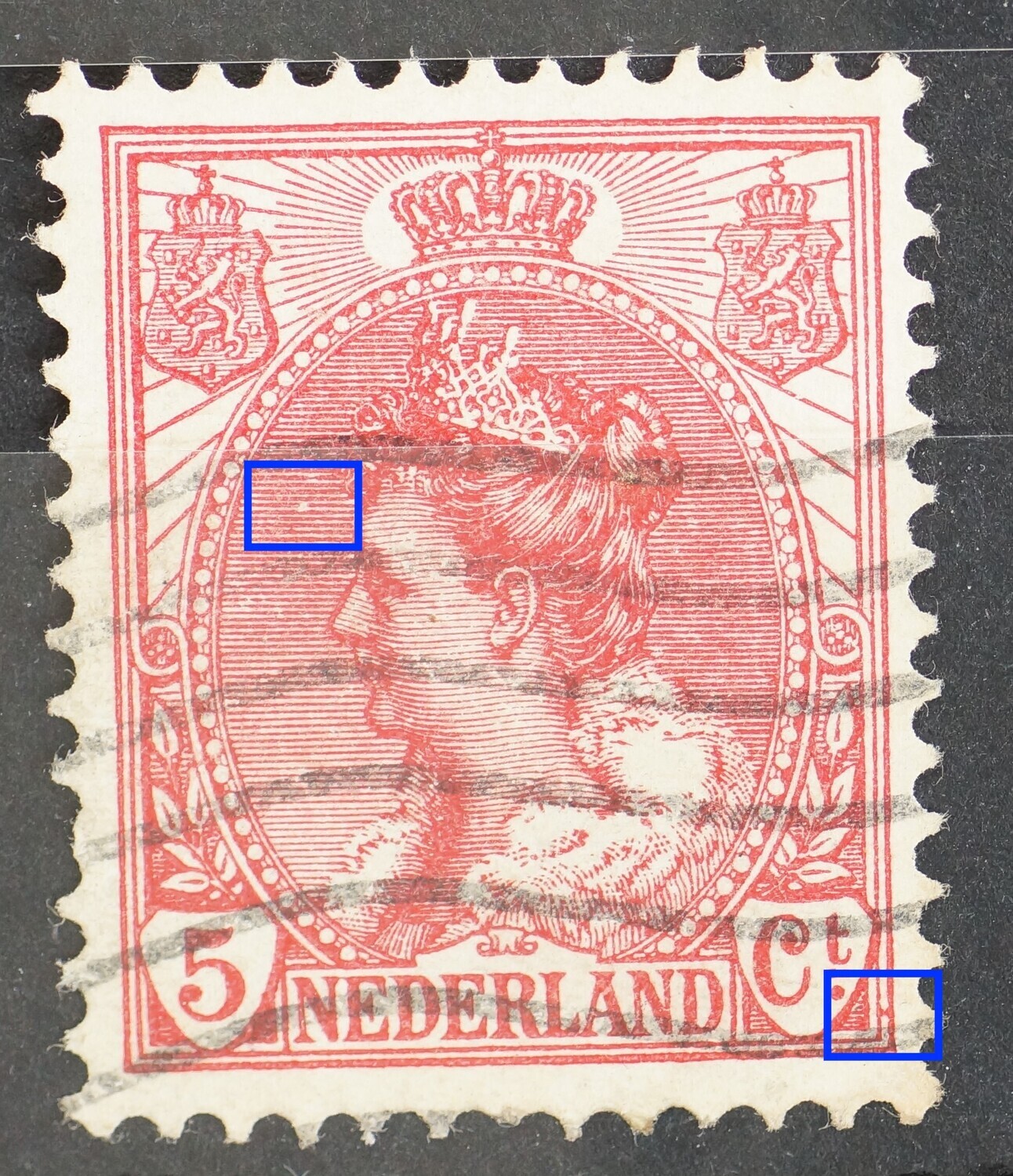 NVPH 60 - breuk in arcering voor het gezicht en rode stip tussen kaderlijnen (rechts van Ct.)
