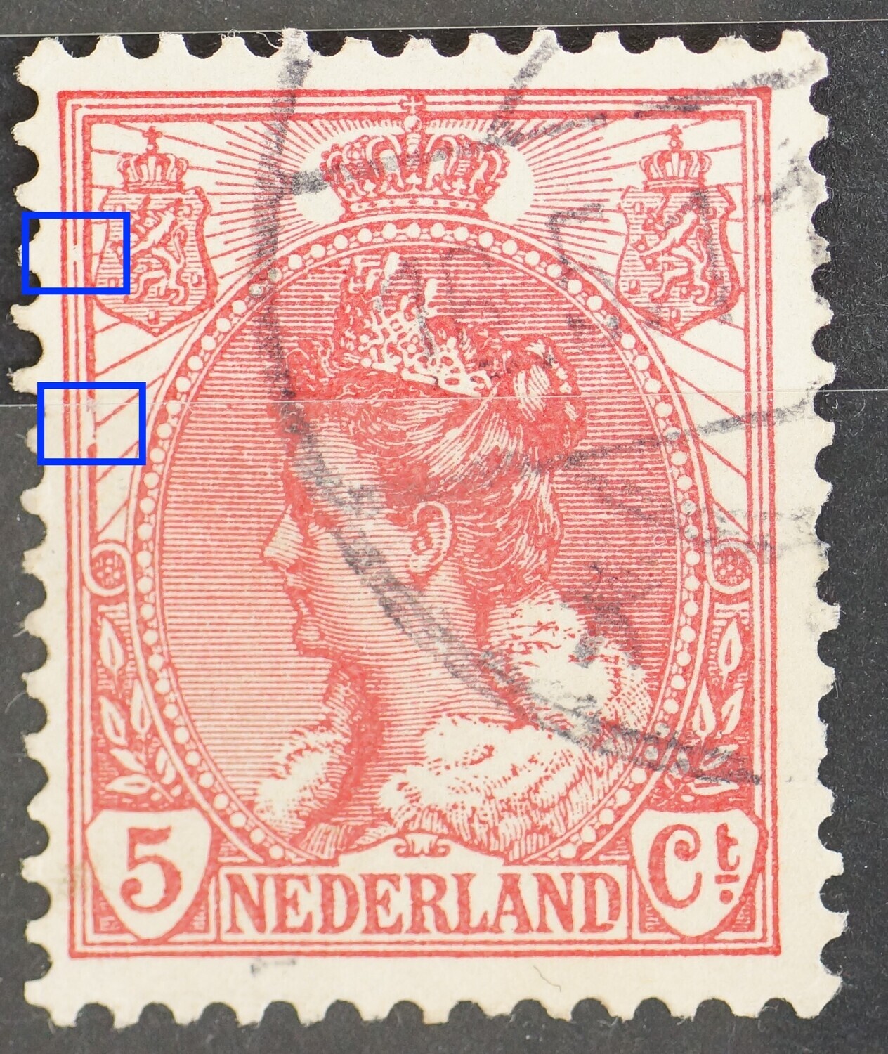 NVPH 60 - beschadiging en breuk in kaderlijn links NVPH 60 - beschadiging en breuk in kaderlijn links