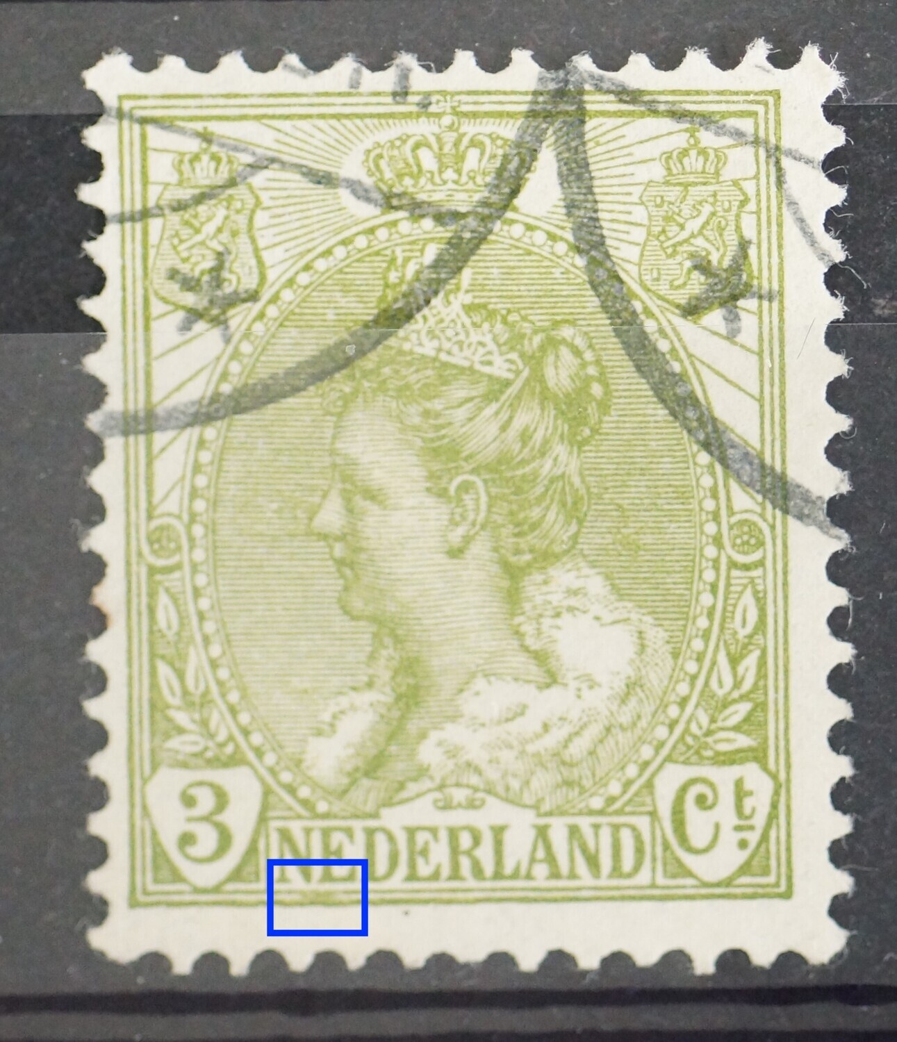 NVPH 57 - groene vlek onder NE van NEDERLAND