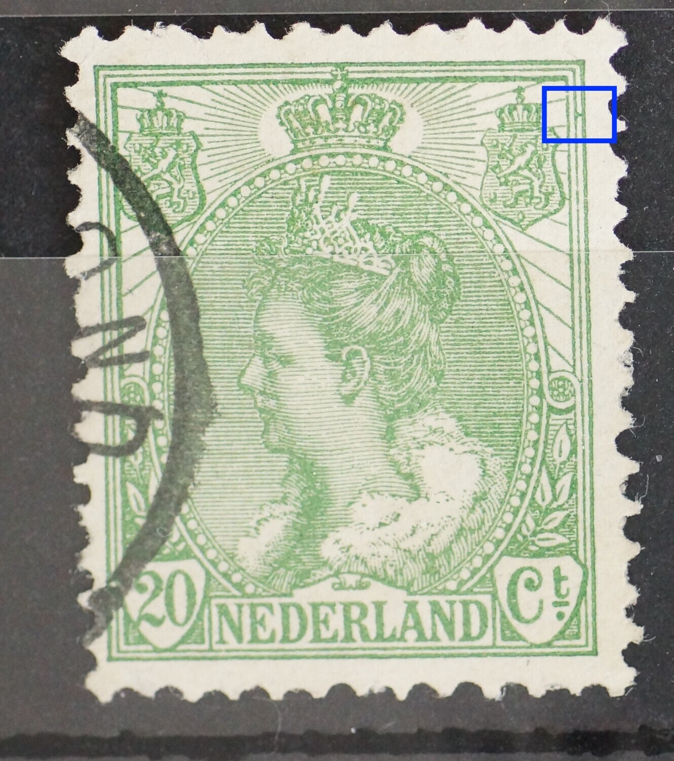 NVPH 68 - groene vlek tussen kaderlijnen rechts, boven