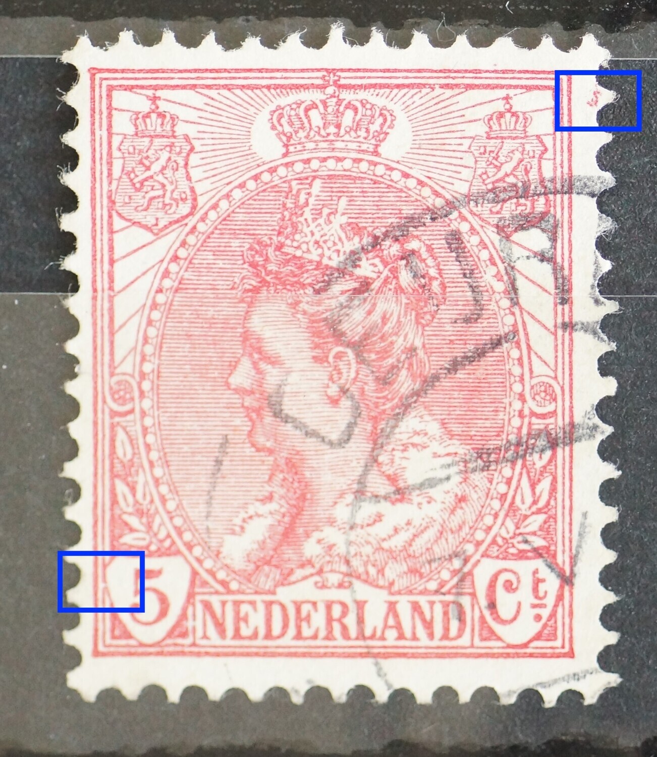 NVPH 60 - o.a. rode veeg buiten zegelbeeld rechts en breuk in kaderlijn naast de 5