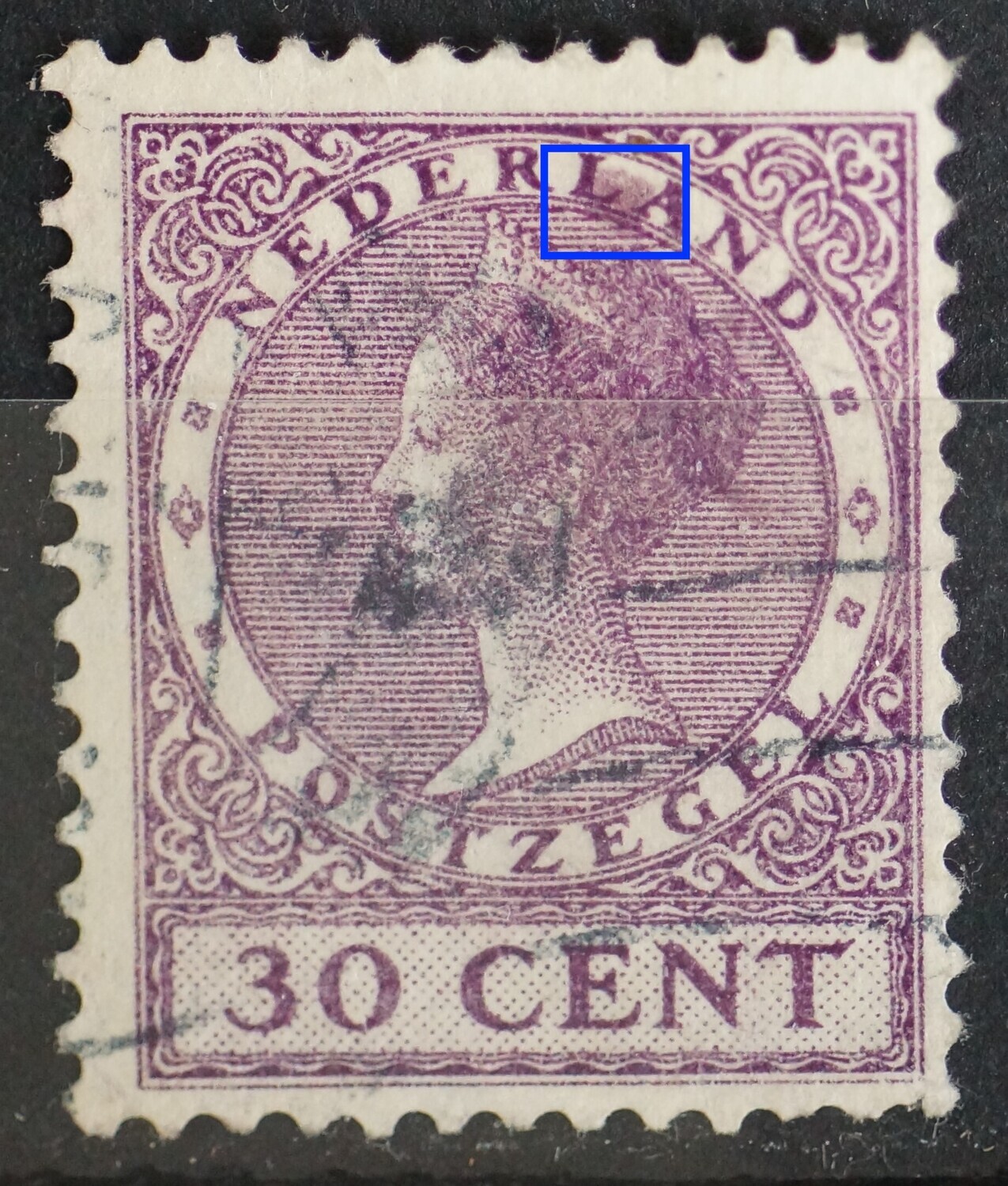 NVPH 194 - grote violette vlek boven het hoofd