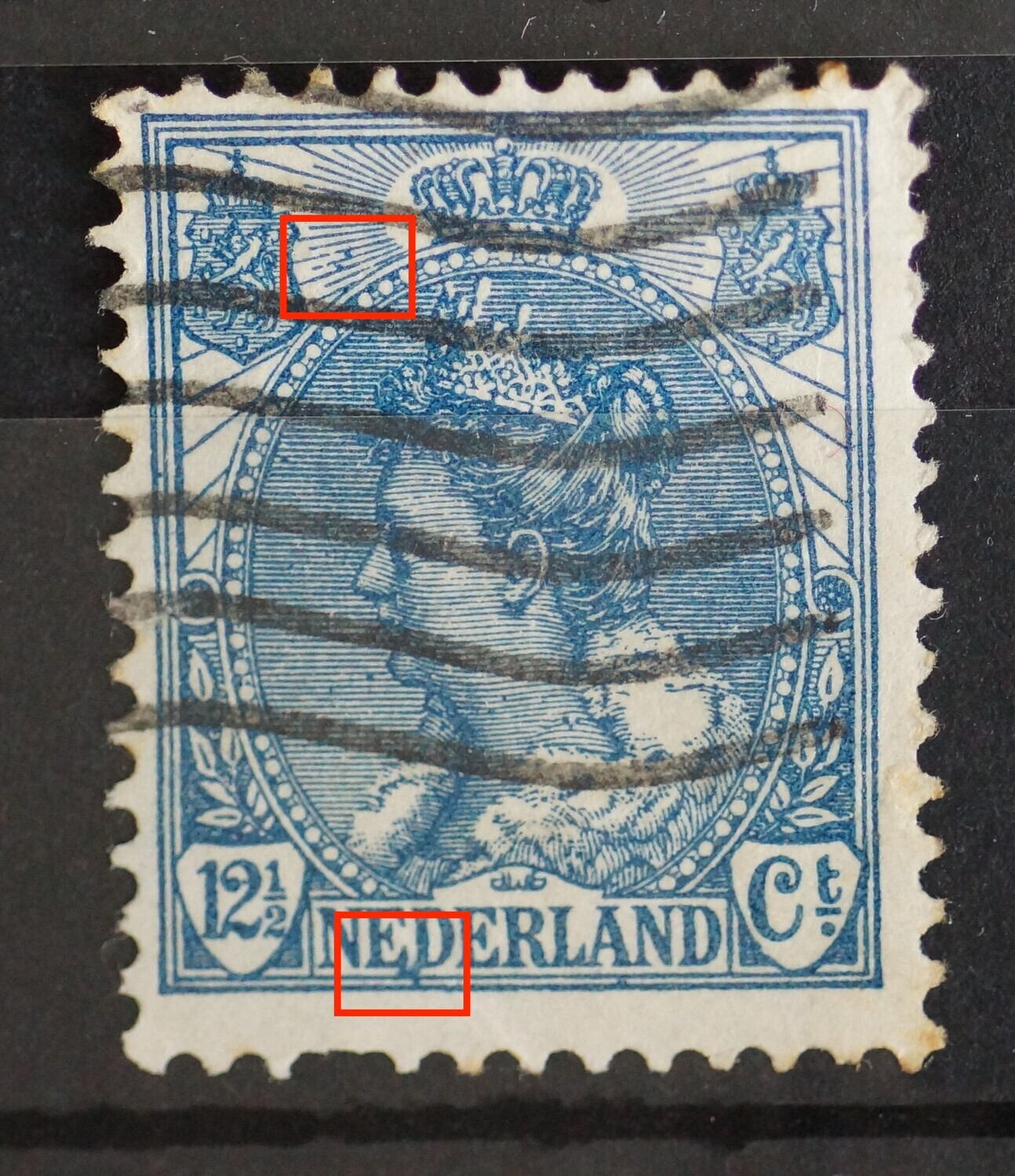 NVPH 63 - blauwe vlekken op diverse plaatsen in het zegelbeeld