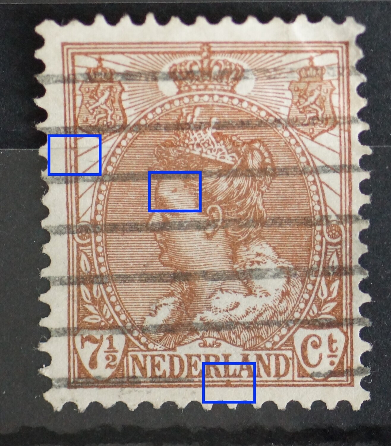 NVPH 61 - bruine vlekken op diverse plaatsen in het zegelbeeld
