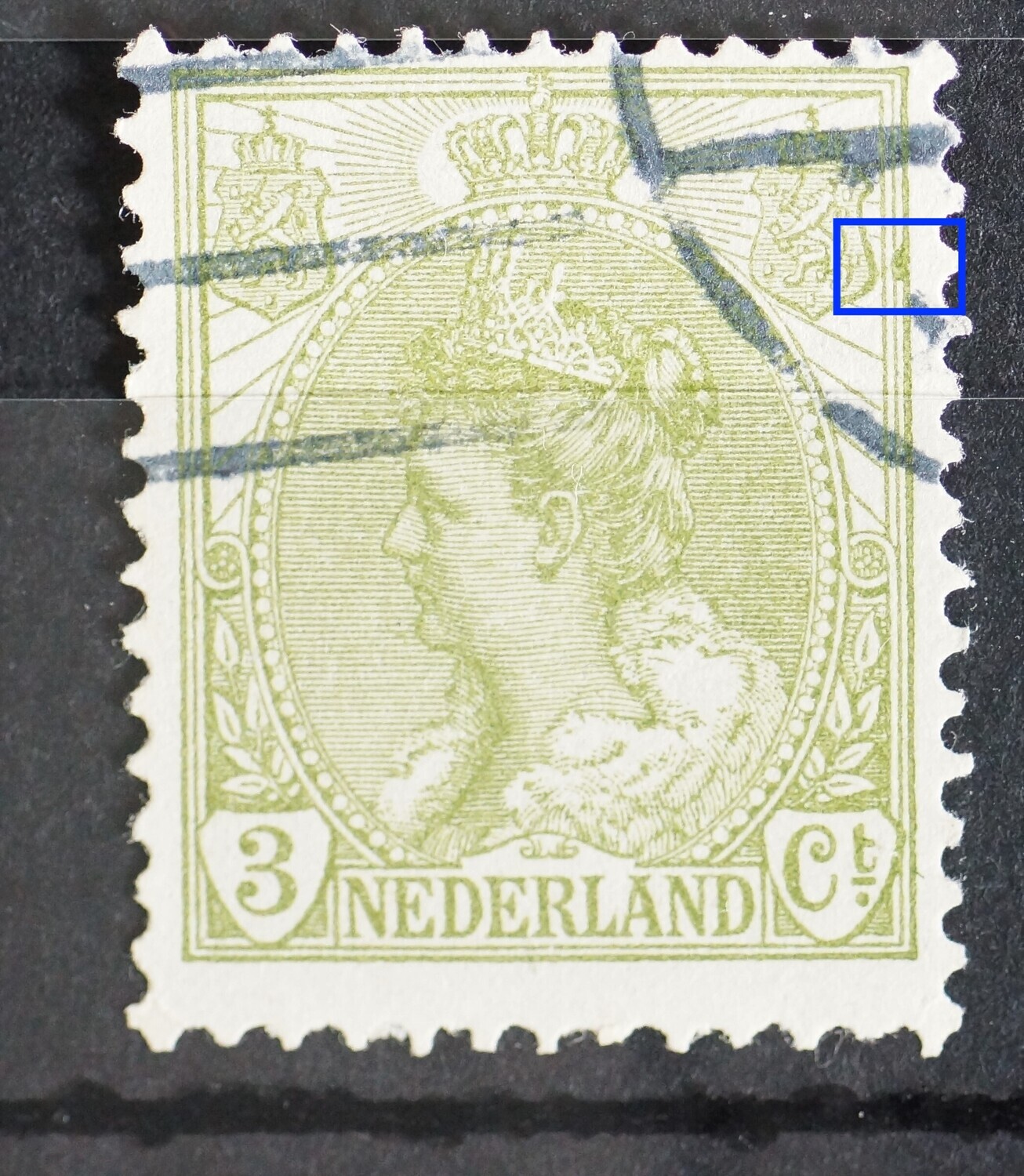 NVPH 57 - groene vlek tussen kaderlijnen rechts NVPH 57 - groene vlek tussen kaderlijnen rechts