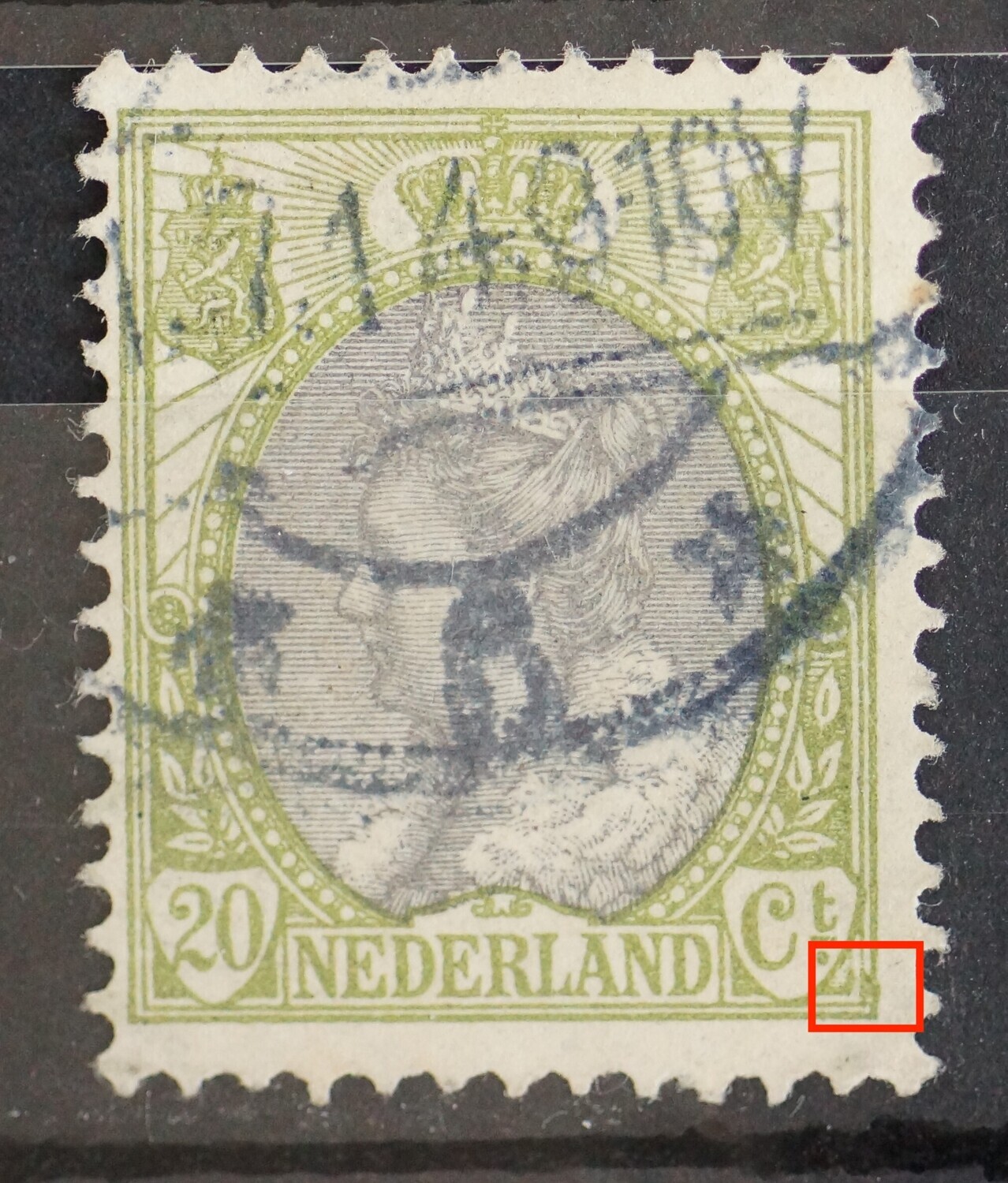 NVPH 69 - groene vlek tussen kaderlijnen rechts, onder