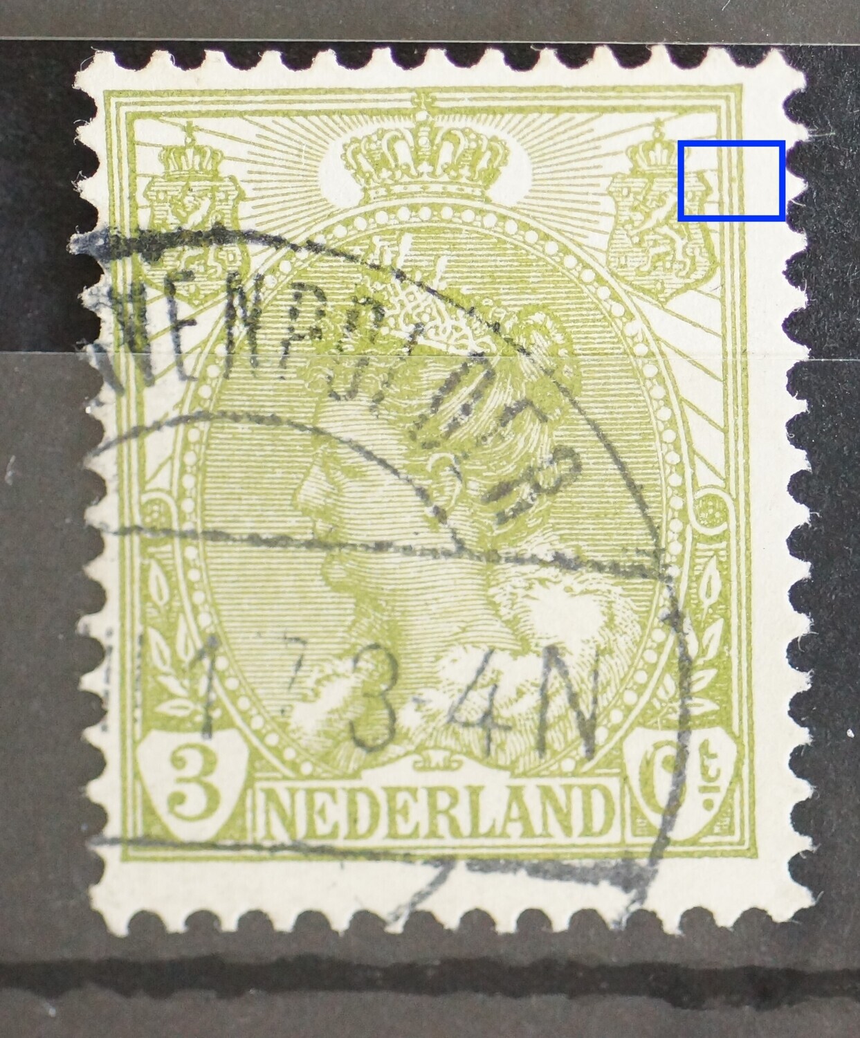 NVPH 57 - groene vlek tussen kaderlijnen rechts, boven
