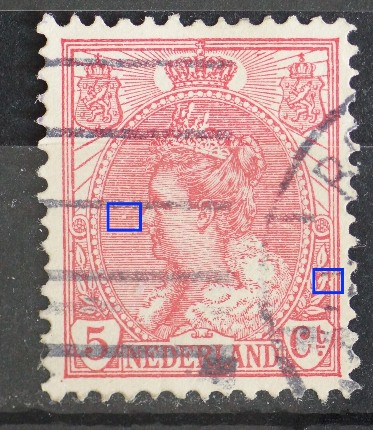 NVPH 60 - o.a. breuk in arcering links en witte vlek bij bladeren rechts