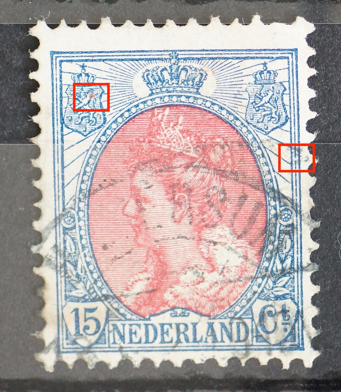 NVPH 65 - o.a. breuk in kaderlijn rechts en rode vlek in linker wapenschild