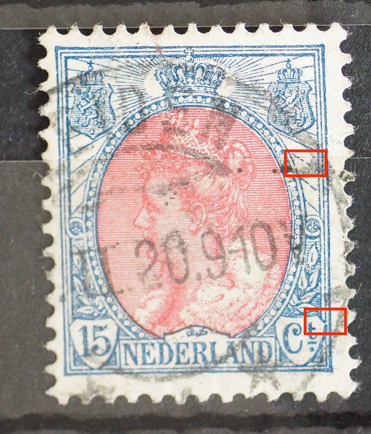 NVPH 65 - o.a. breuk in straal onder rechter wapenschild en in rand van schild rondom Ct.