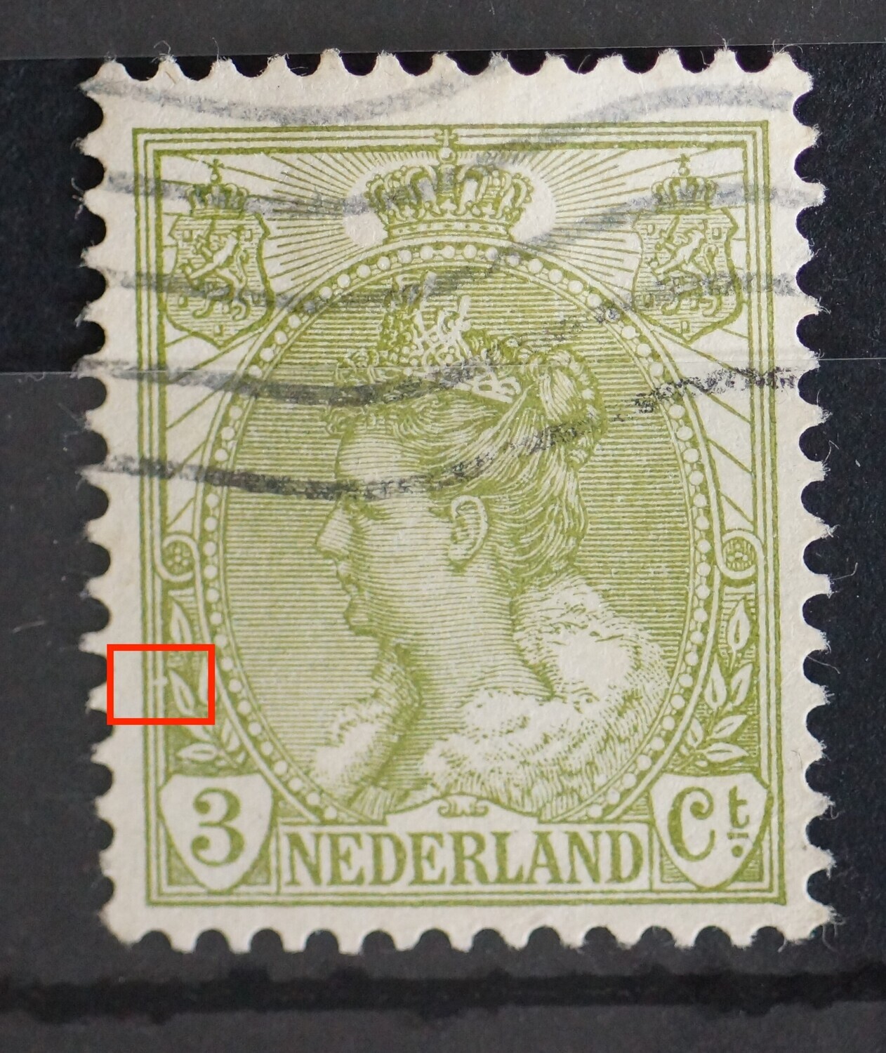 NVPH 57 - breuk in kaderlijn links, tevens witte vlek bij het blad daarnaast