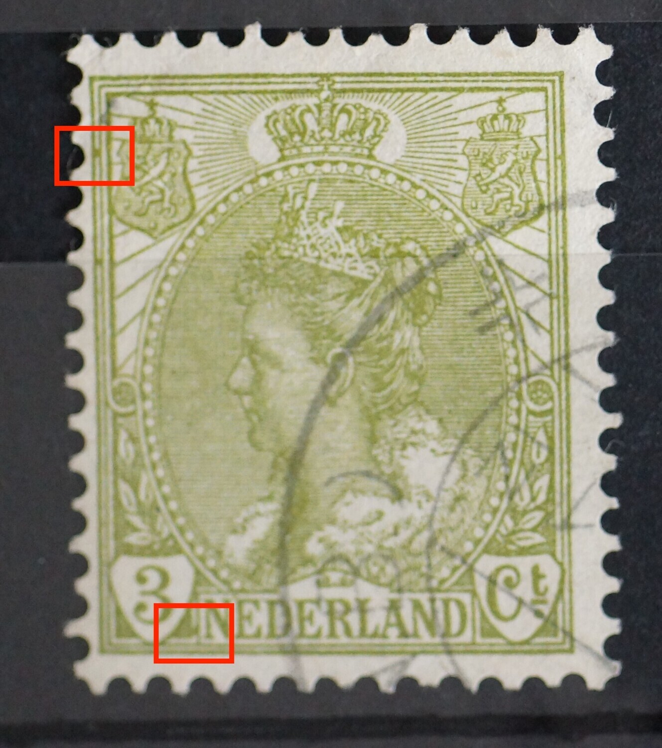 NVPH 57 - groene vlekken tussen kaderlijnen