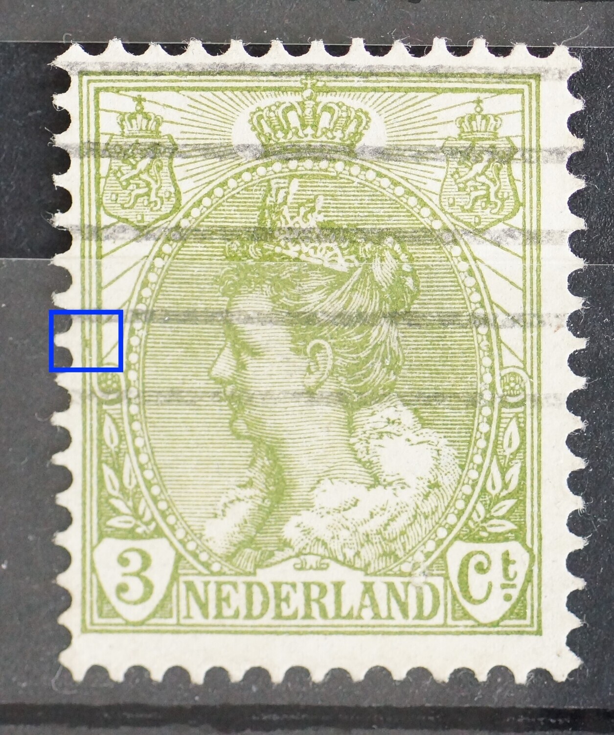 NVPH 57 - groene vlek tussen kaderlijnen links