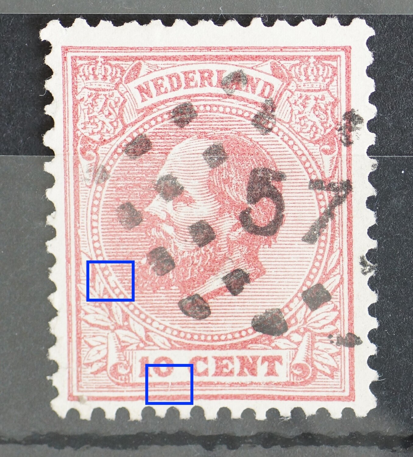 NVPH 21 - o.a. witte vlek in parelrand en witte vlek in baard NVPH 21 - o.a. witte vlek in parelrand en witte vlek in baard