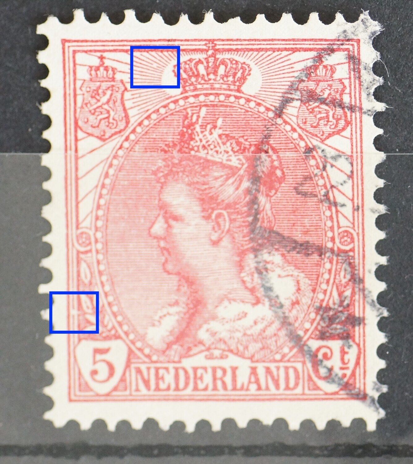 NVPH 60 - breuk in kaderlijn links en breuk in straal links van kroon NVPH 60 - breuk in kaderlijn links en breuk in straal links van kroon