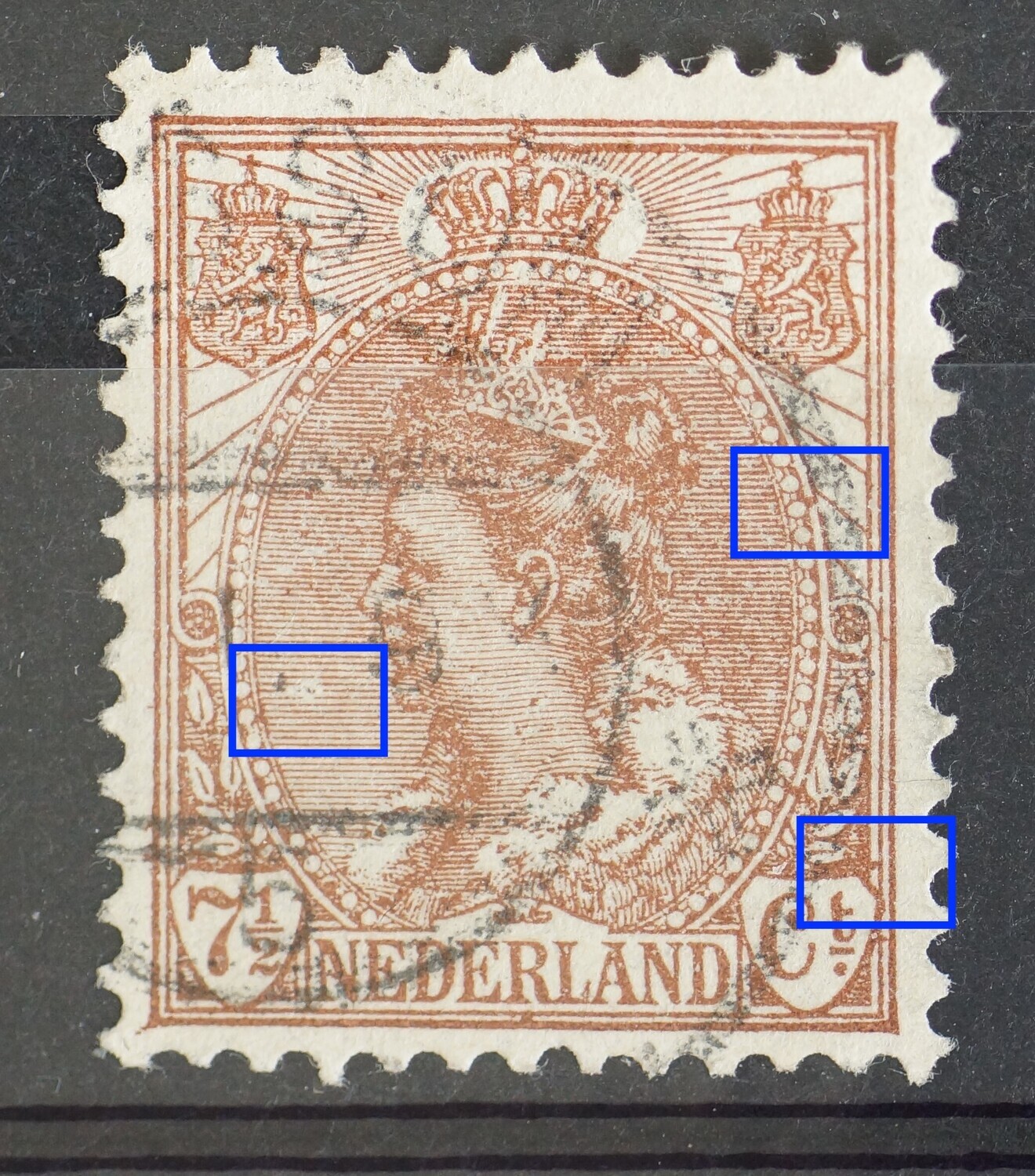 NVPH 61 - diverse bruine vlekken en beschadigde arcering NVPH 61 - diverse bruine vlekken en beschadigde arcering