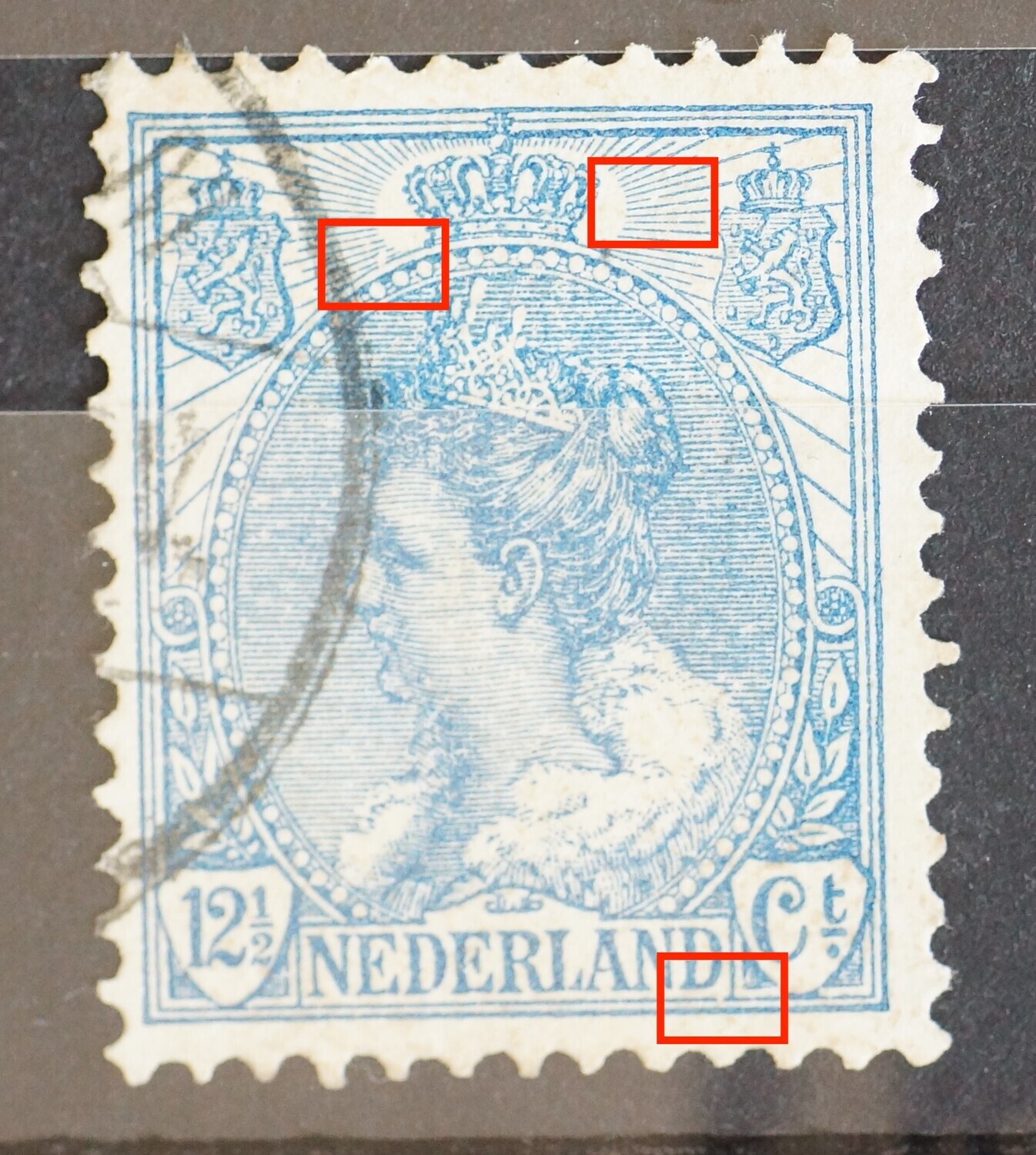 NVPH 63 - o.a. breuk in straal links van kroon NVPH 63 - o.a. breuk in straal links van kroon