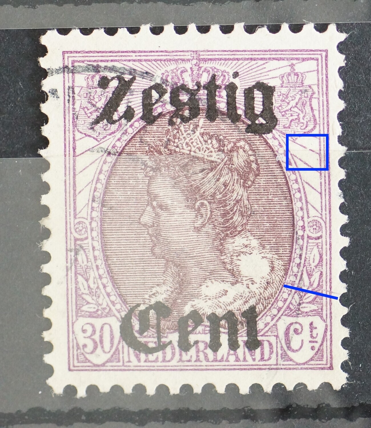 NVPH 103 - breuk in straal rechts en violette lijn/kras rechts
