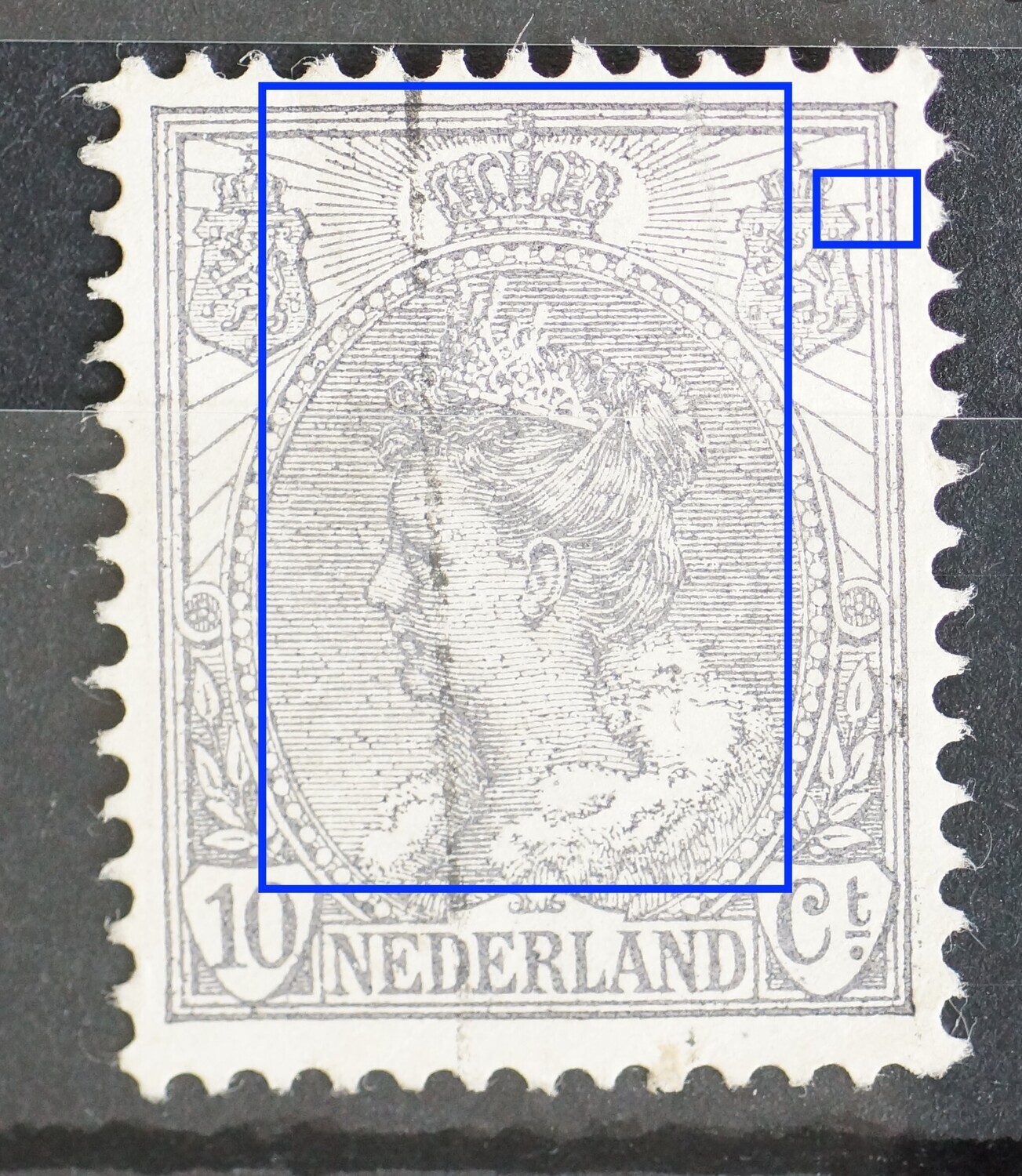 NVPH 62 - breuk in kaderlijn rechts en NVPH 62 - breuk in kaderlijn rechts en "regen" in nagenoeg het hele zegelbeeld