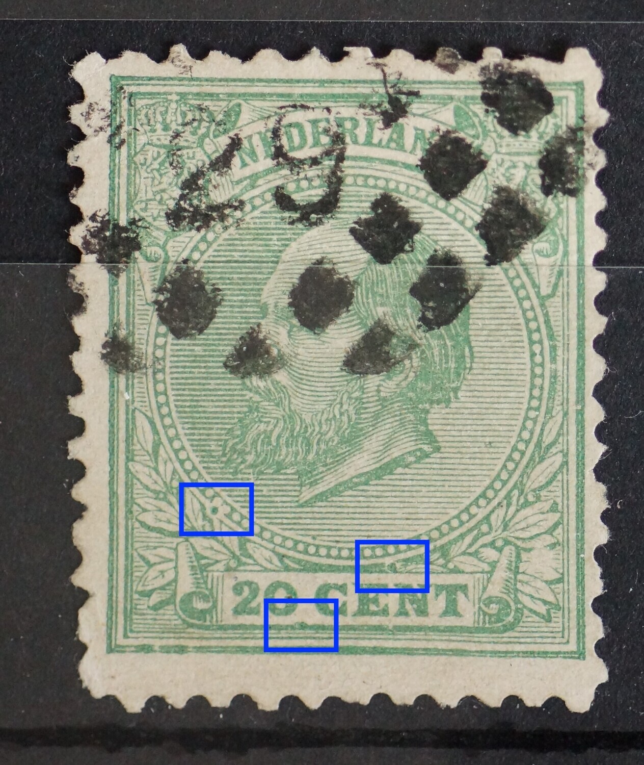 NVPH 24 - diverse groene punten in het zegelbeeld