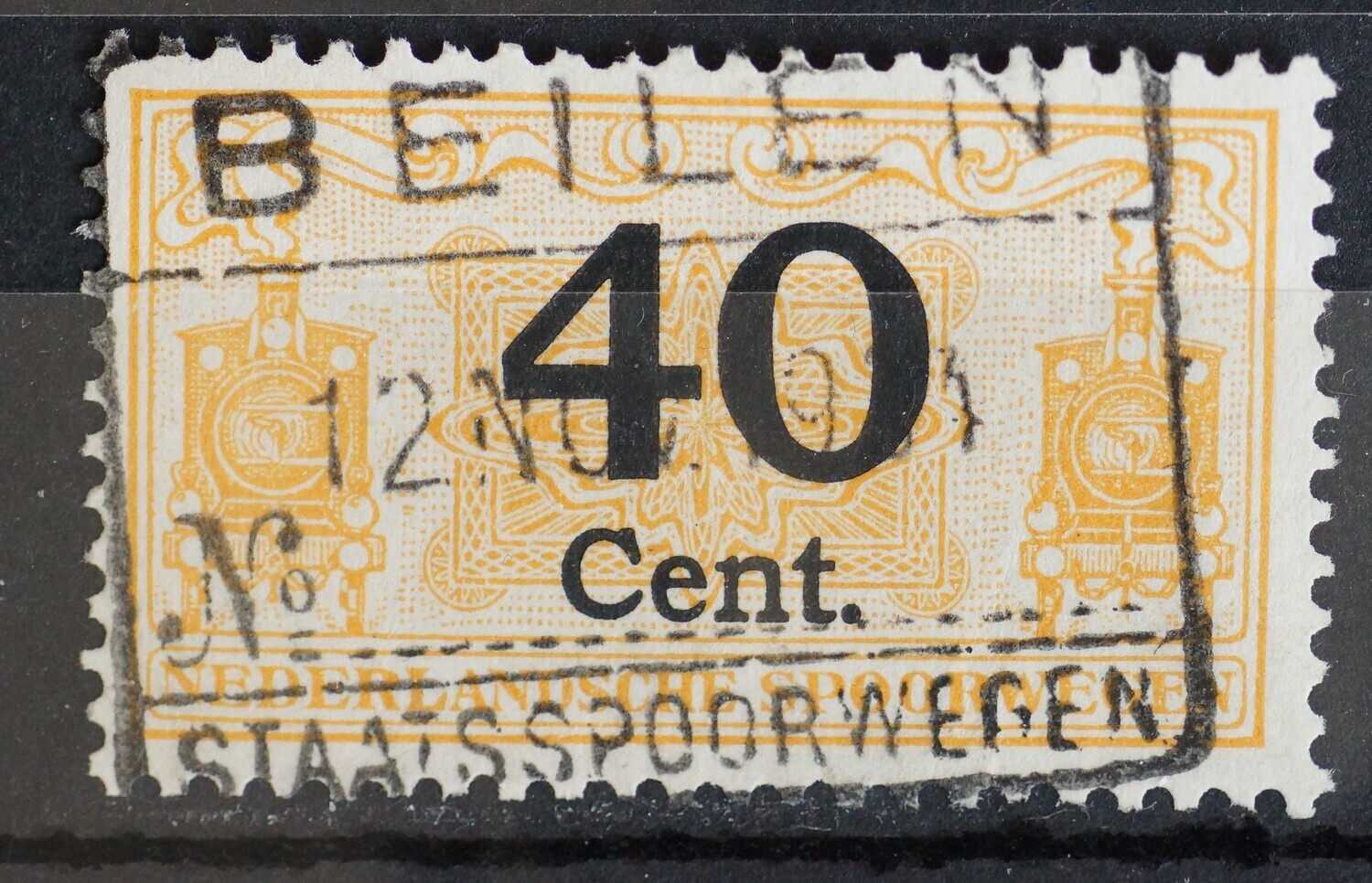 Spoorwegstempel Beilen op spoorwegzegel 340Cent (oranje-geel).
