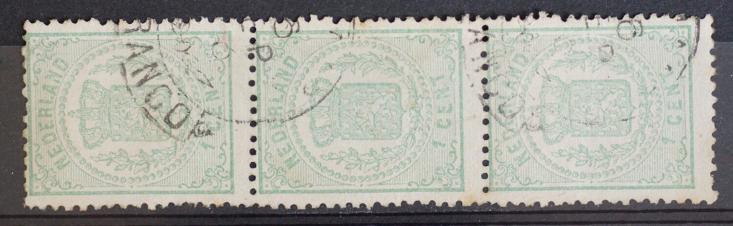 Strip van 3x NVPH 15 (met Franco-takje stempel) Strip van 3x NVPH 15 (met Franco-takje stempel)