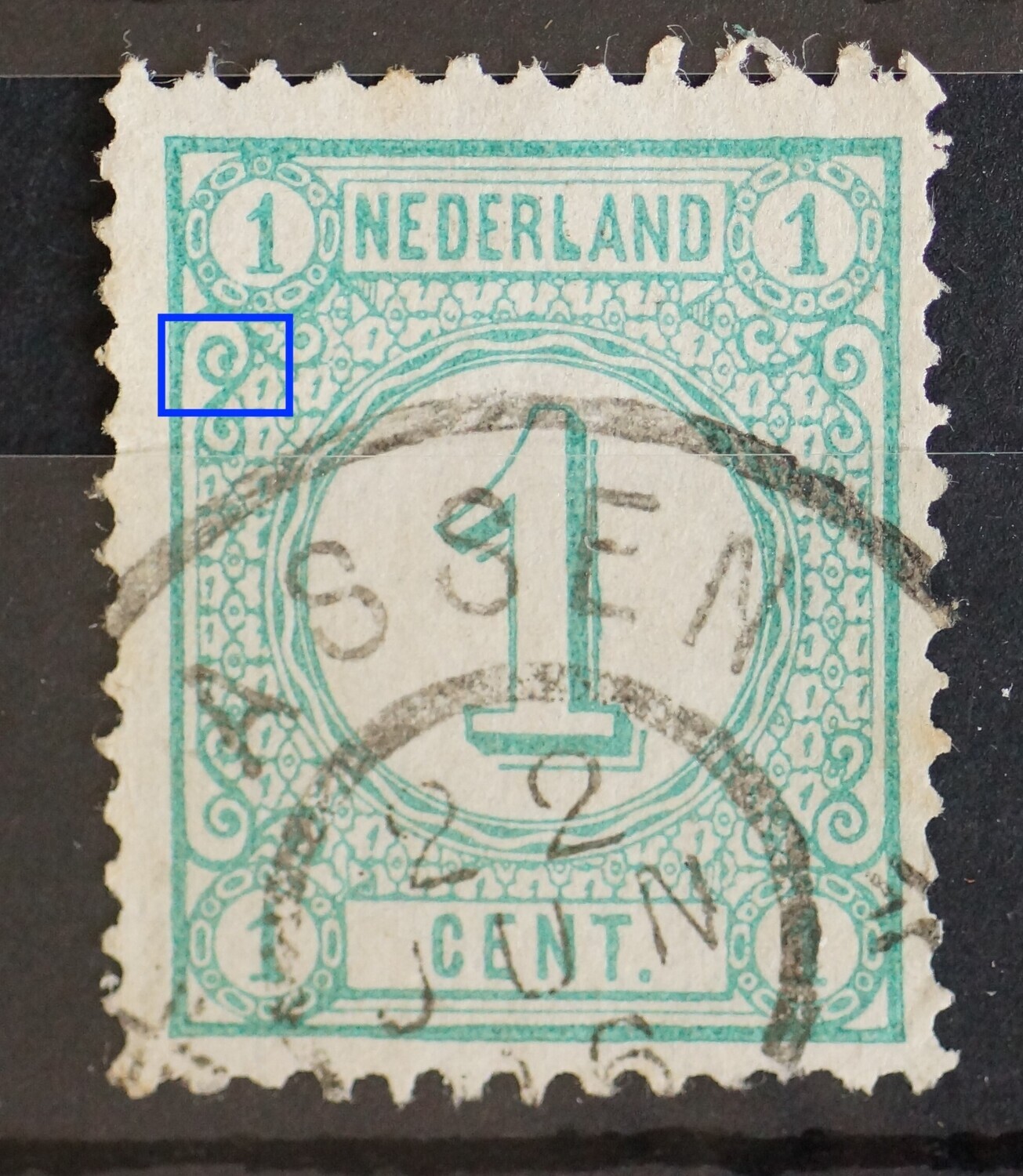 NVPH 31 - groene vlek in krul links en dikke L van NEDERLAND