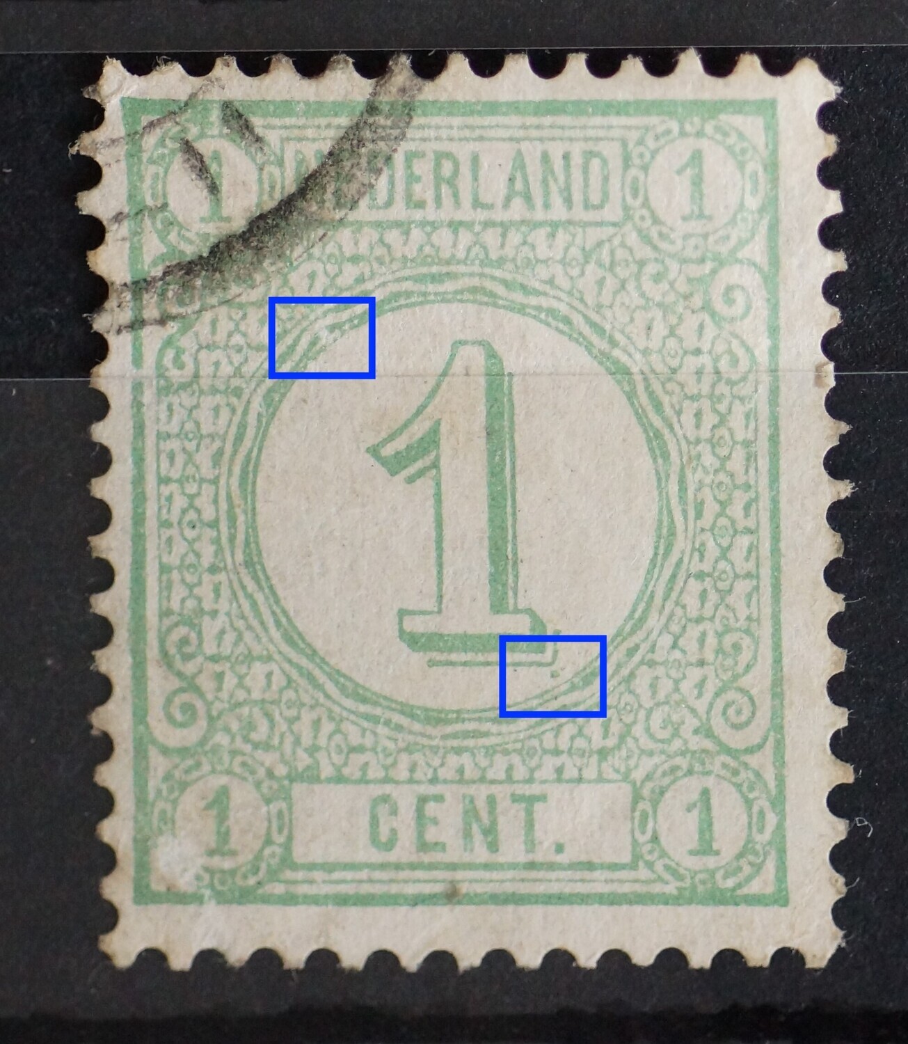 NVPH 31 - o.a. groene punt onderaan de grote 1