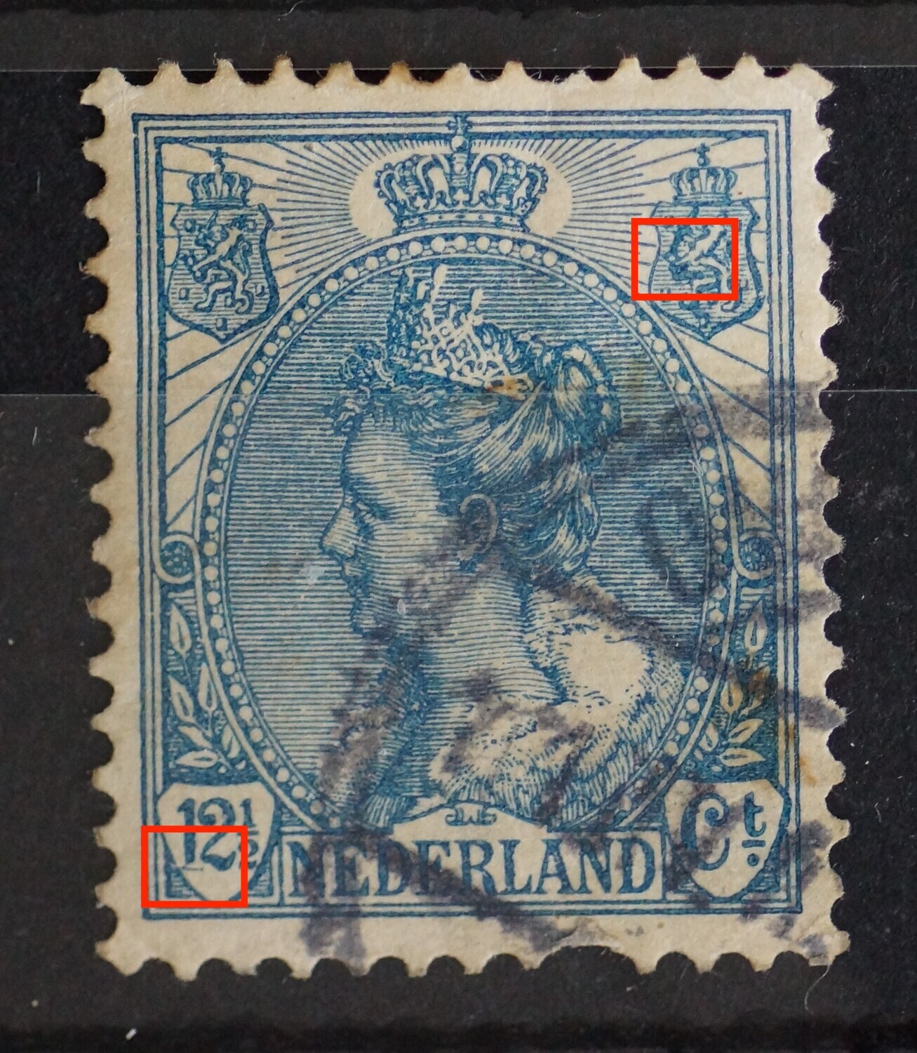 NVPH 62 - blauwe vlek in rechter wapenschild en beschadigde voet van de 1 van 12 1/2