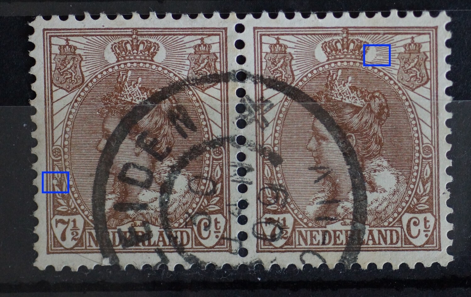 NVPH 61 (paar) - witte vlek tussen bladeren (linker zegel) en breuk in stralen links van kroon (rechter zegel)