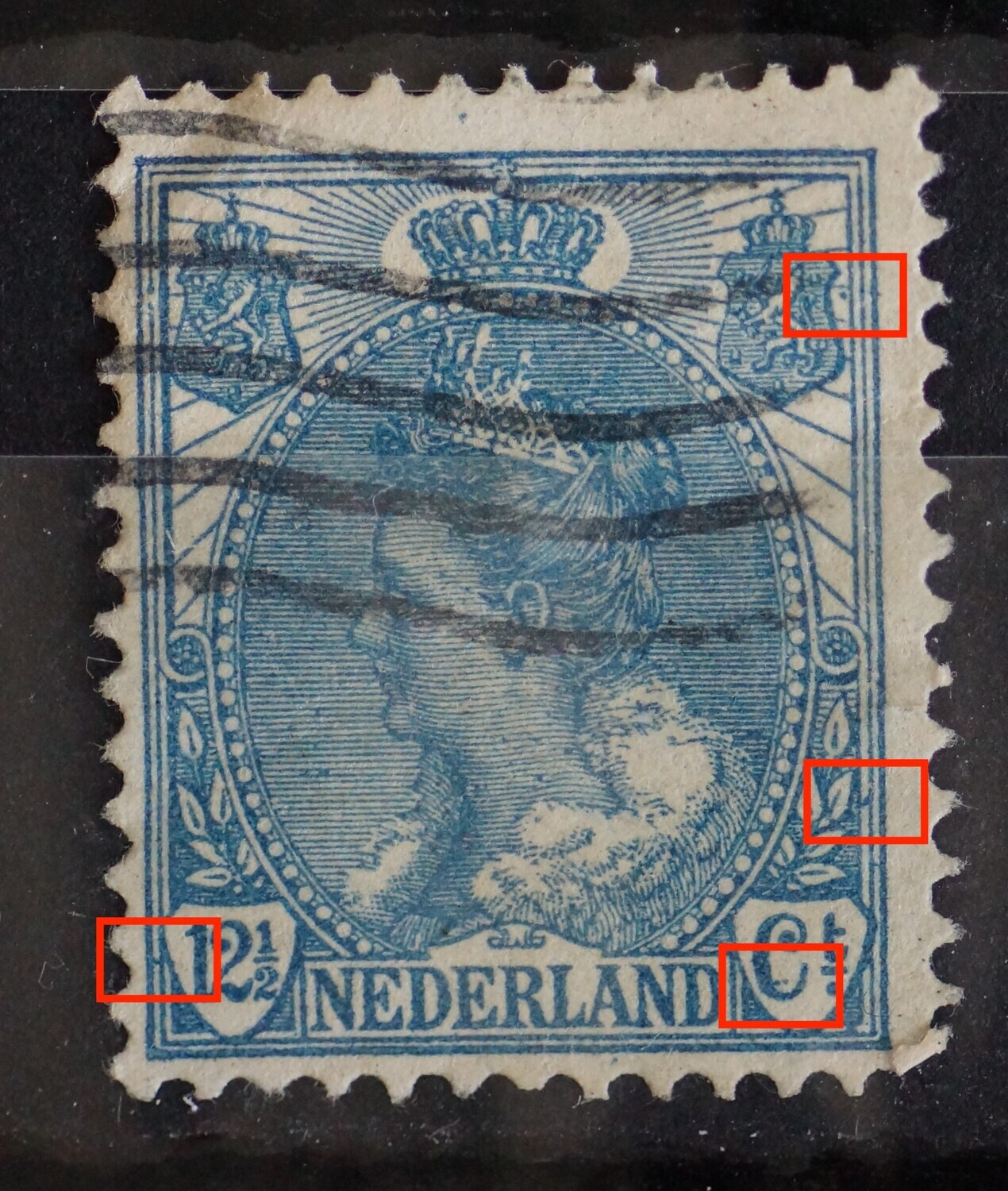 NVPH 63 - blauwe vlekken op diverse plaatsen in het zegelbeeld