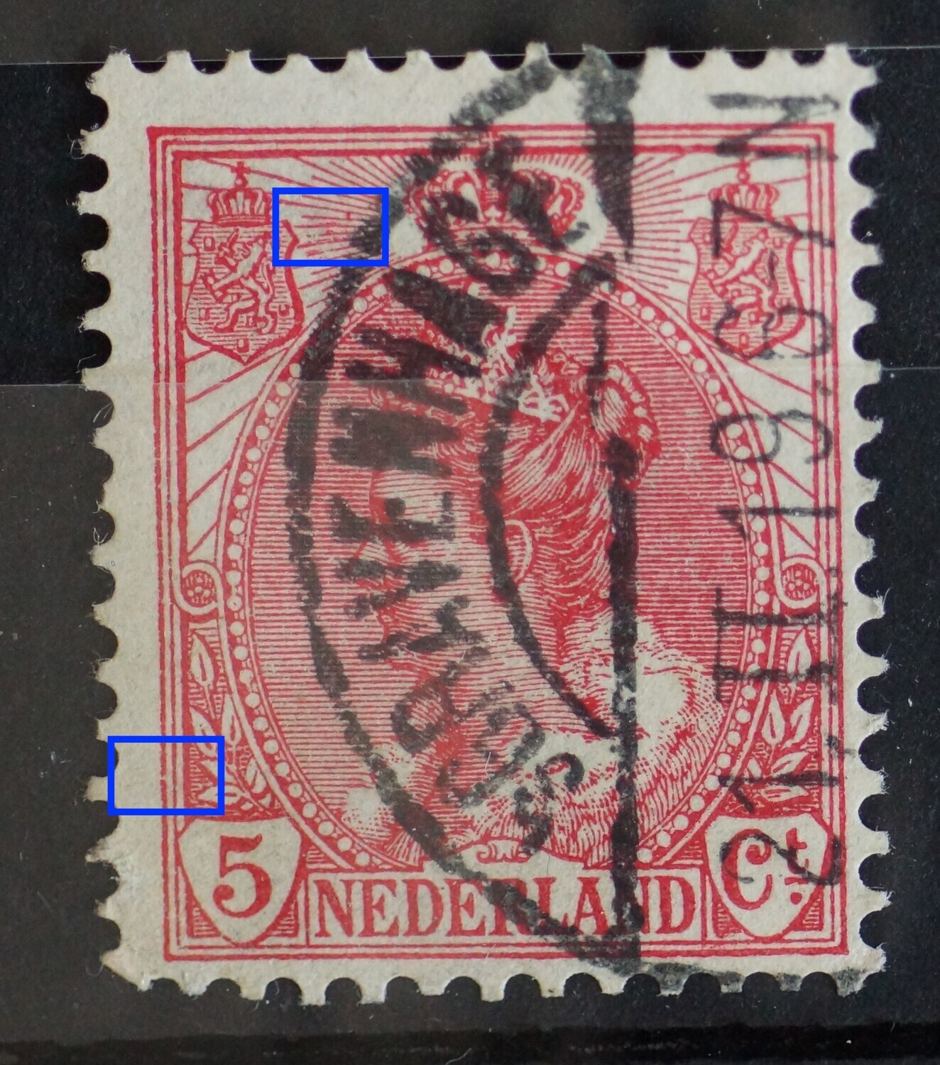 NVPH 60 - o.a. rode vlekjes tussen stralen links van kroon
