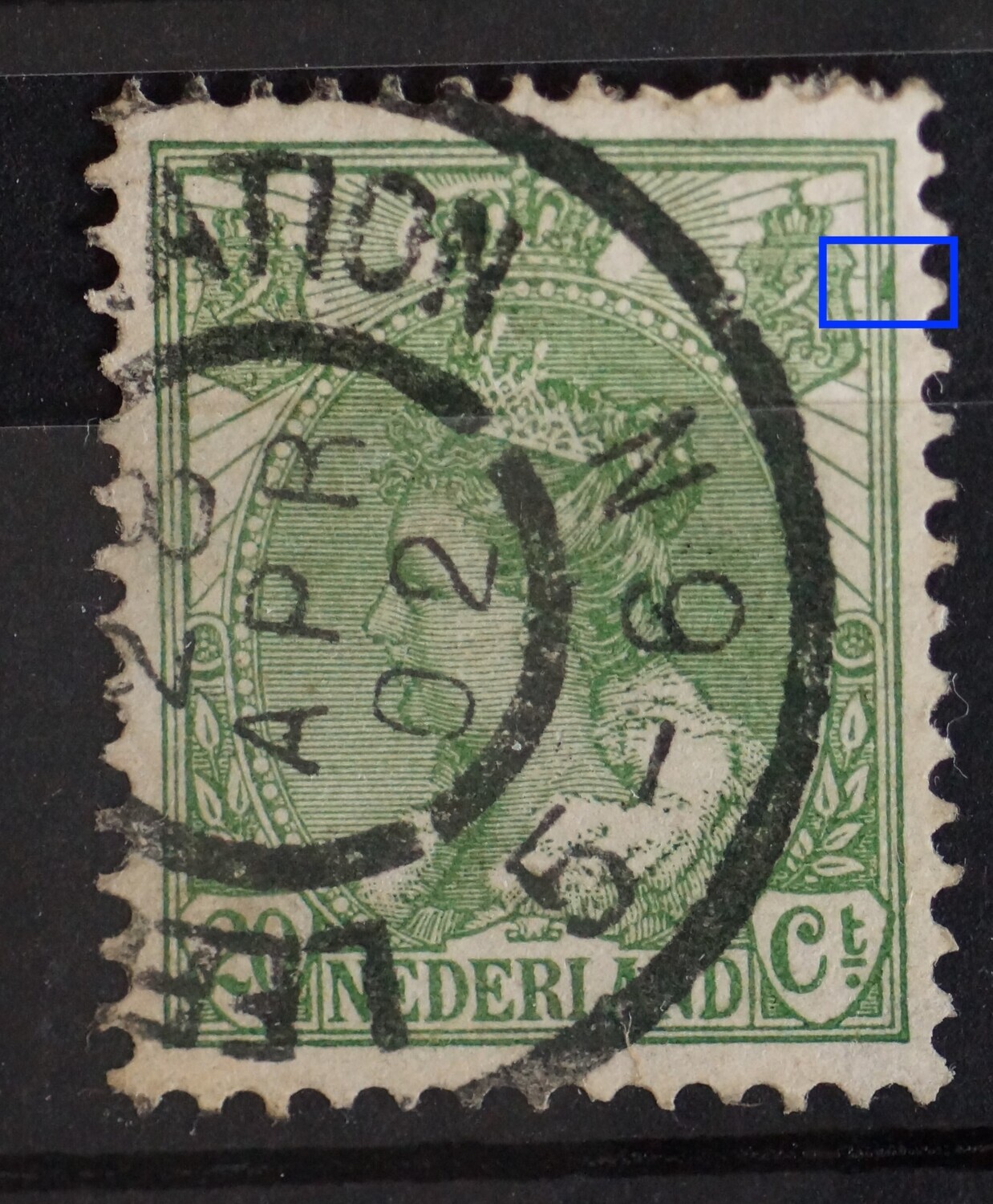 NVPH 68 - groene vlek tussen kaderlijnen rechts, boven