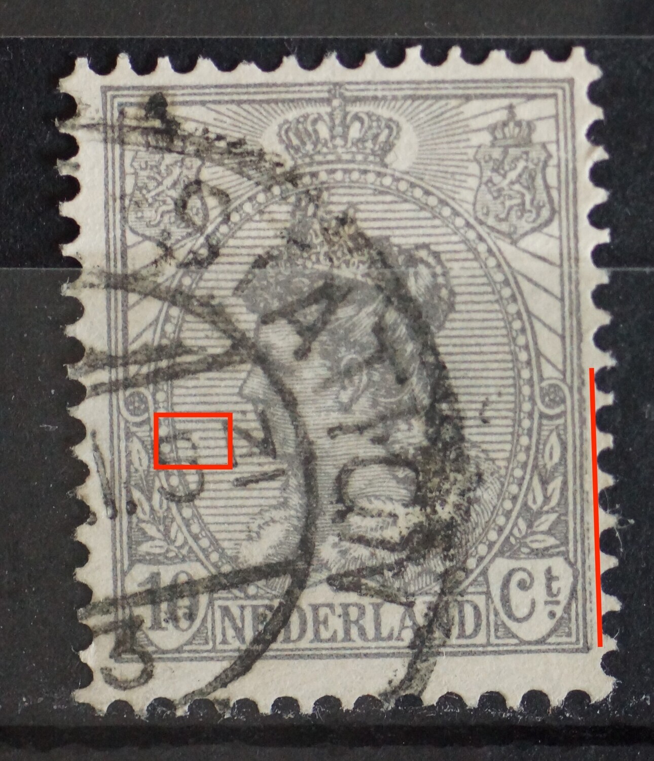 NVPH 81 - breuk in arcering links en grijze streep rechts van zegelbeeld