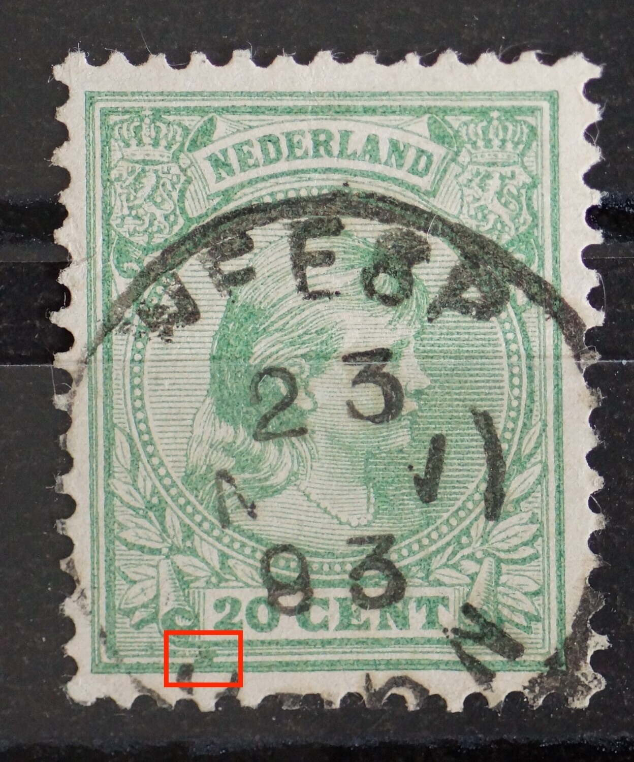 NVPH 40 - groene vlek onder de 2 van 20 CENT