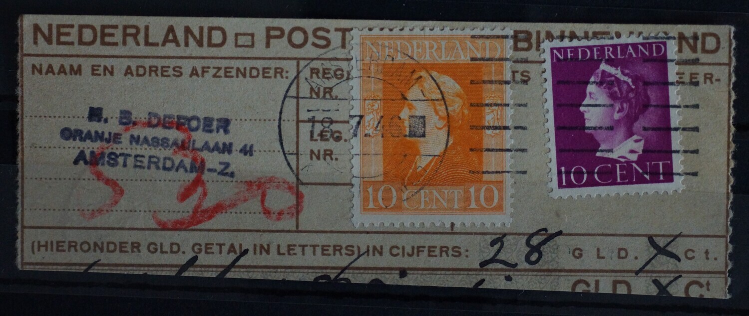 Postwisselstempel Amsterdam-Koninginneweg (blokje) op NVPH 335 en 433 Postwisselstempel Amsterdam-Koninginneweg (blokje) op NVPH 335 en 433