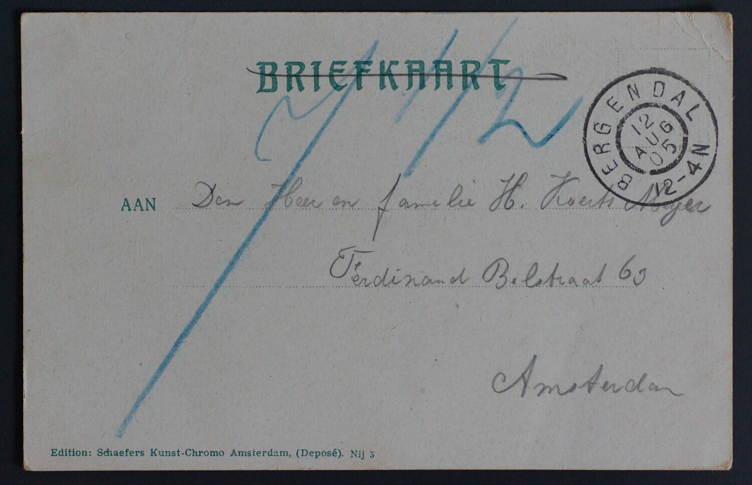 Berg en Dal op ongefrankeerde briefkaart (strafport 7,5 cent)
