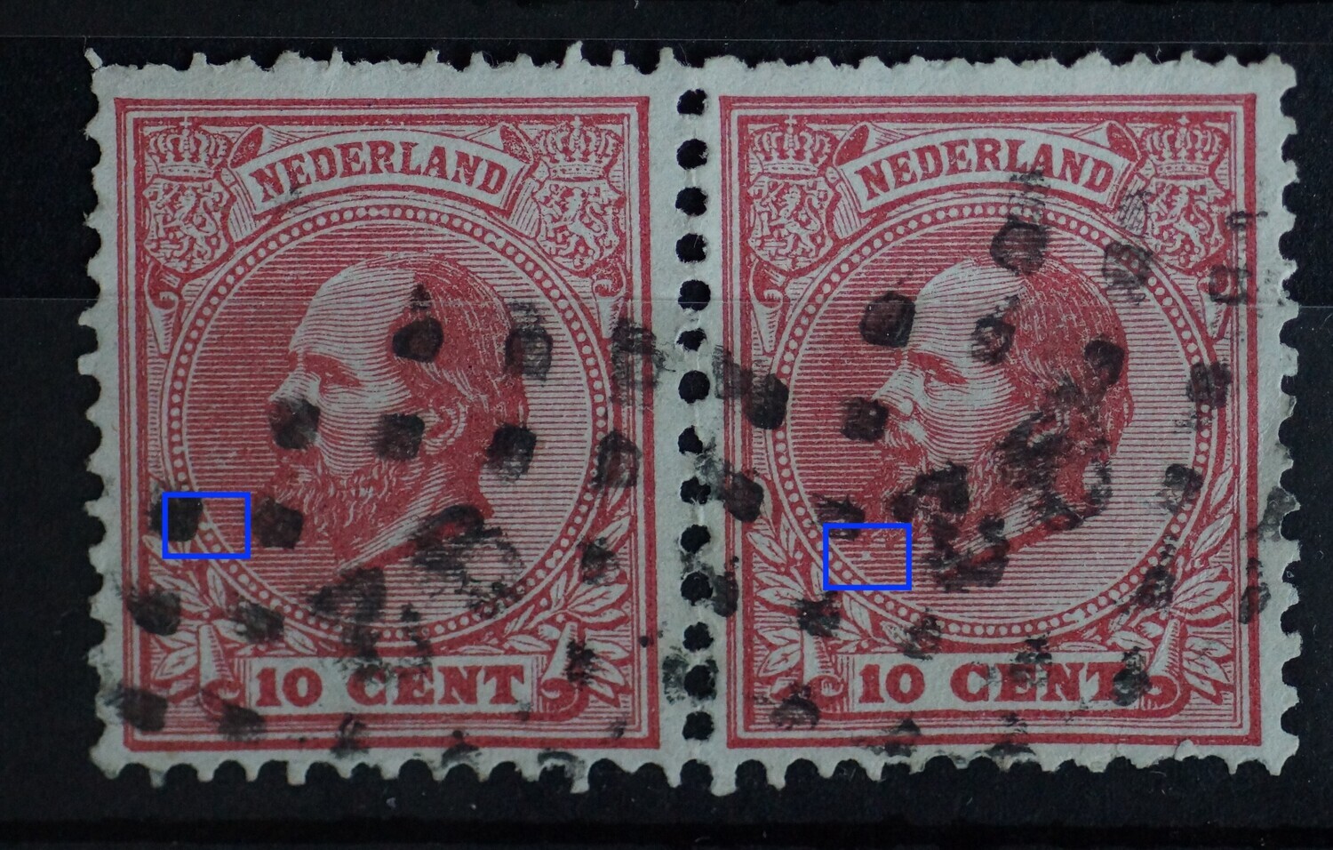 NVPH 21n(paar) - o.a. breuk in arcering (rechter zegel) en diverse witte vlekken in parelrand (linker zegel)