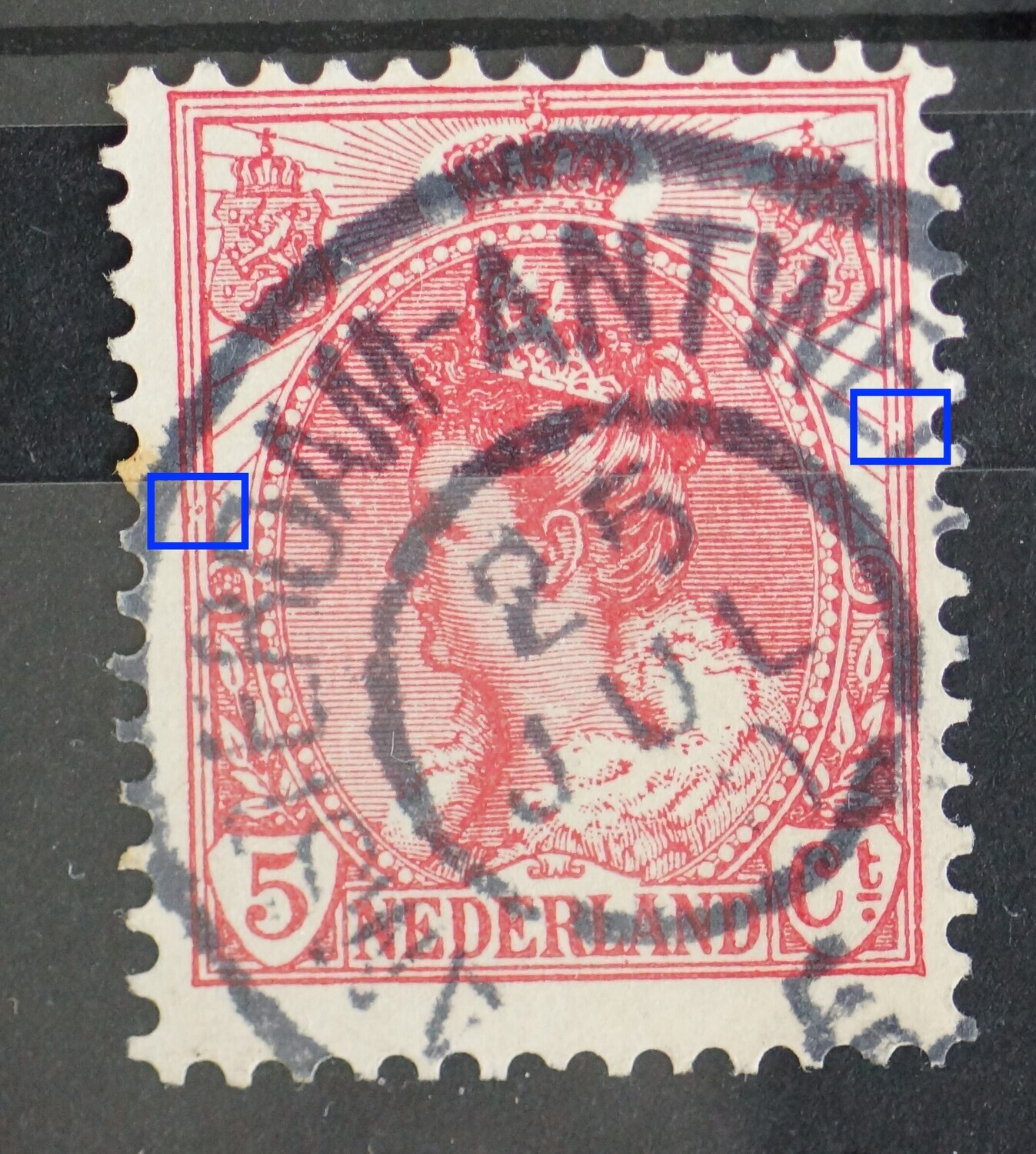 NVPH 60 - o.a. breuk in kaderlijn rechts en rode punt tussen kaderlijnen links