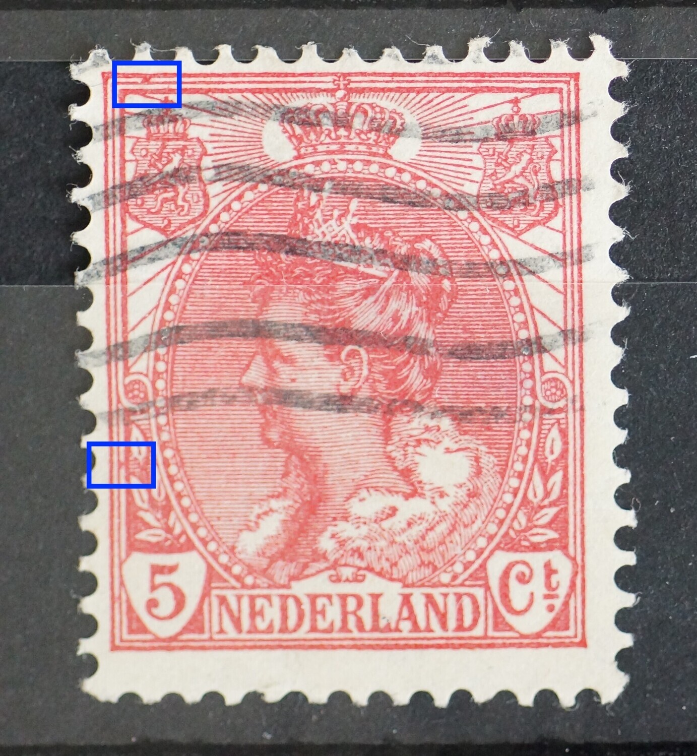 NVPH 60 - rode vlekken tussen kaderlijnen, links en boven