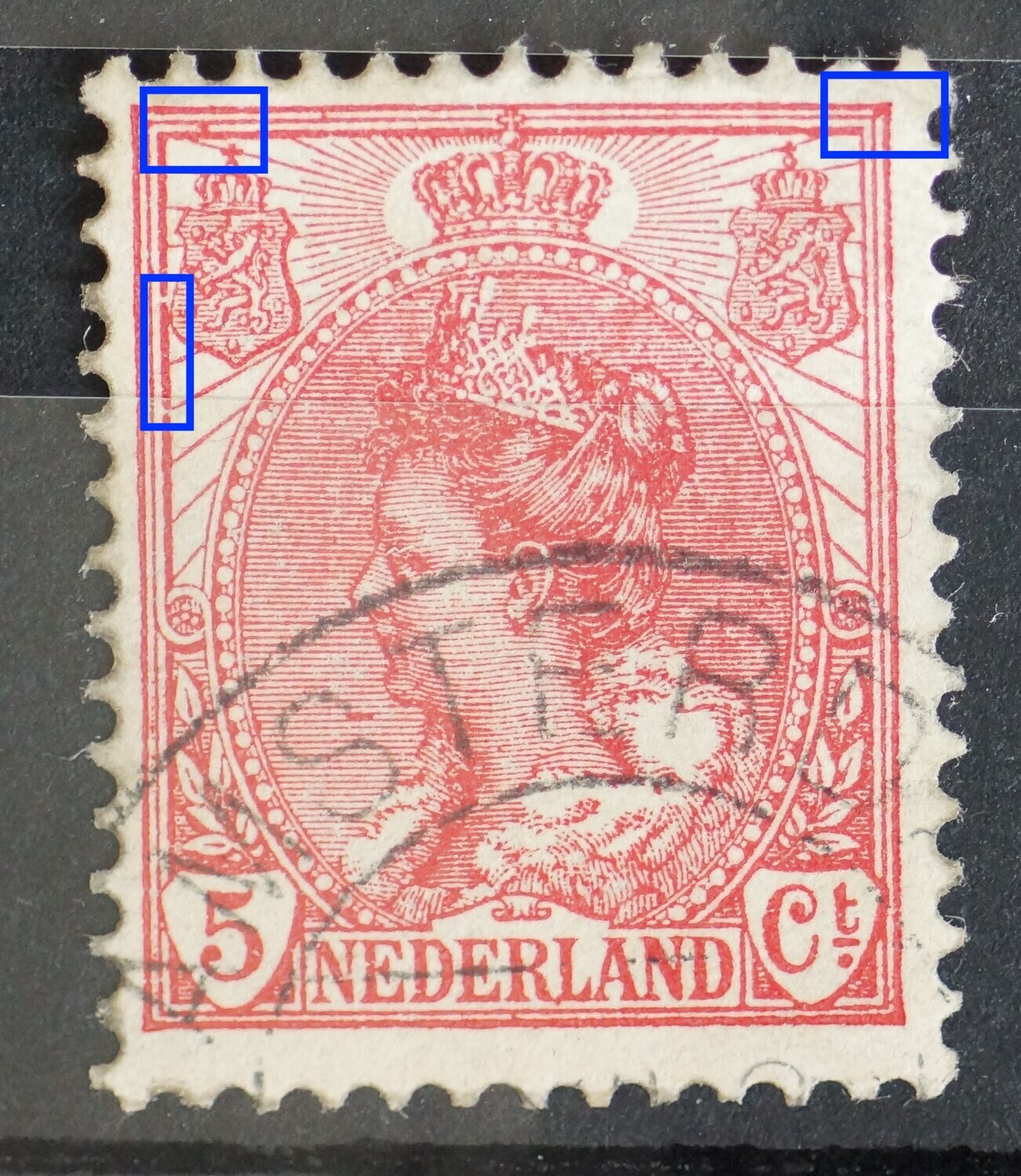 NVPH 60 - o..a. rode vlek tussen kaderlijnen boven (links en rechts) NVPH 60 - o..a. rode vlek tussen kaderlijnen boven (links en rechts)