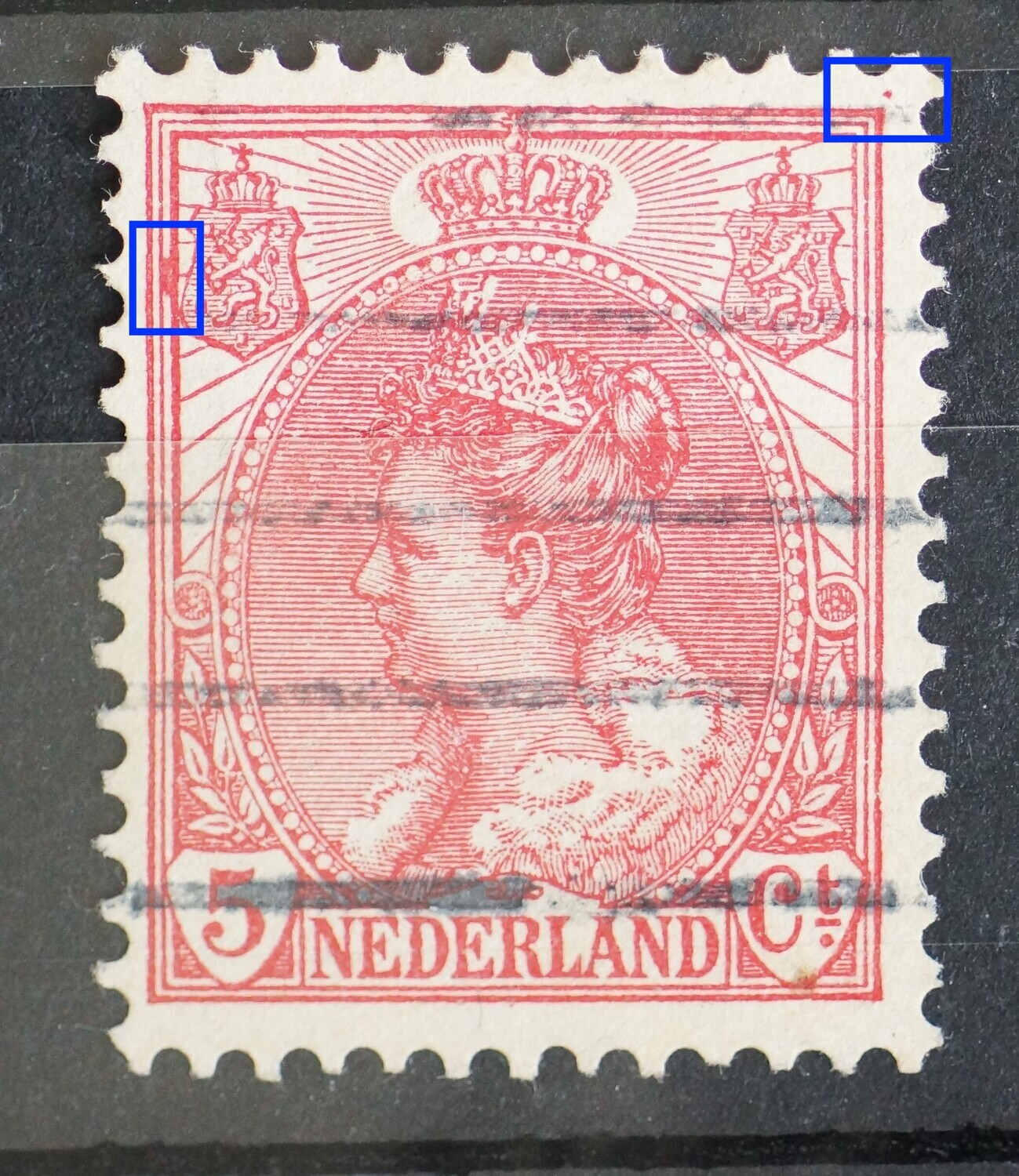 NVPH 60 - o.a. grote rode vlek tussen kaderlijnen links NVPH 60 - o.a. grote rode vlek tussen kaderlijnen links