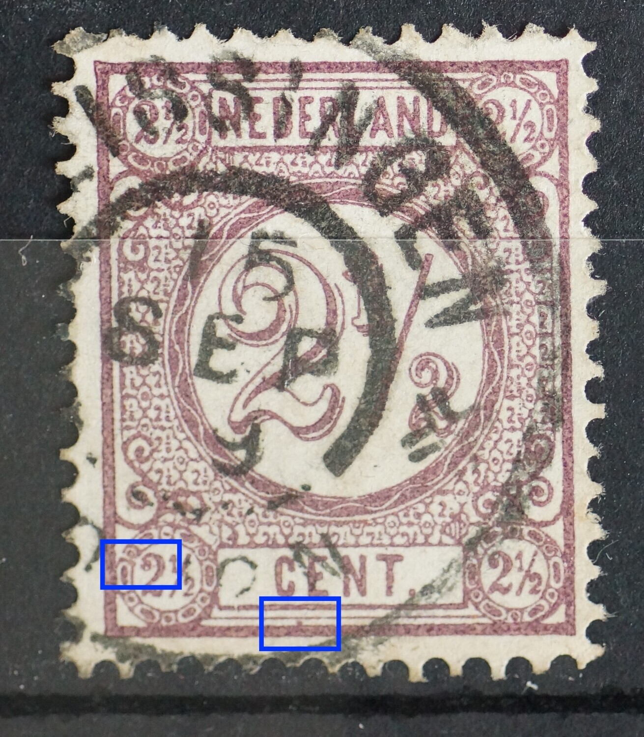 NVPH 33 - violette vlek onder CENT en witte kras door de linker 2 1/2 NVPH 33 - violette vlek onder CENT en witte kras door de linker 2 1/2