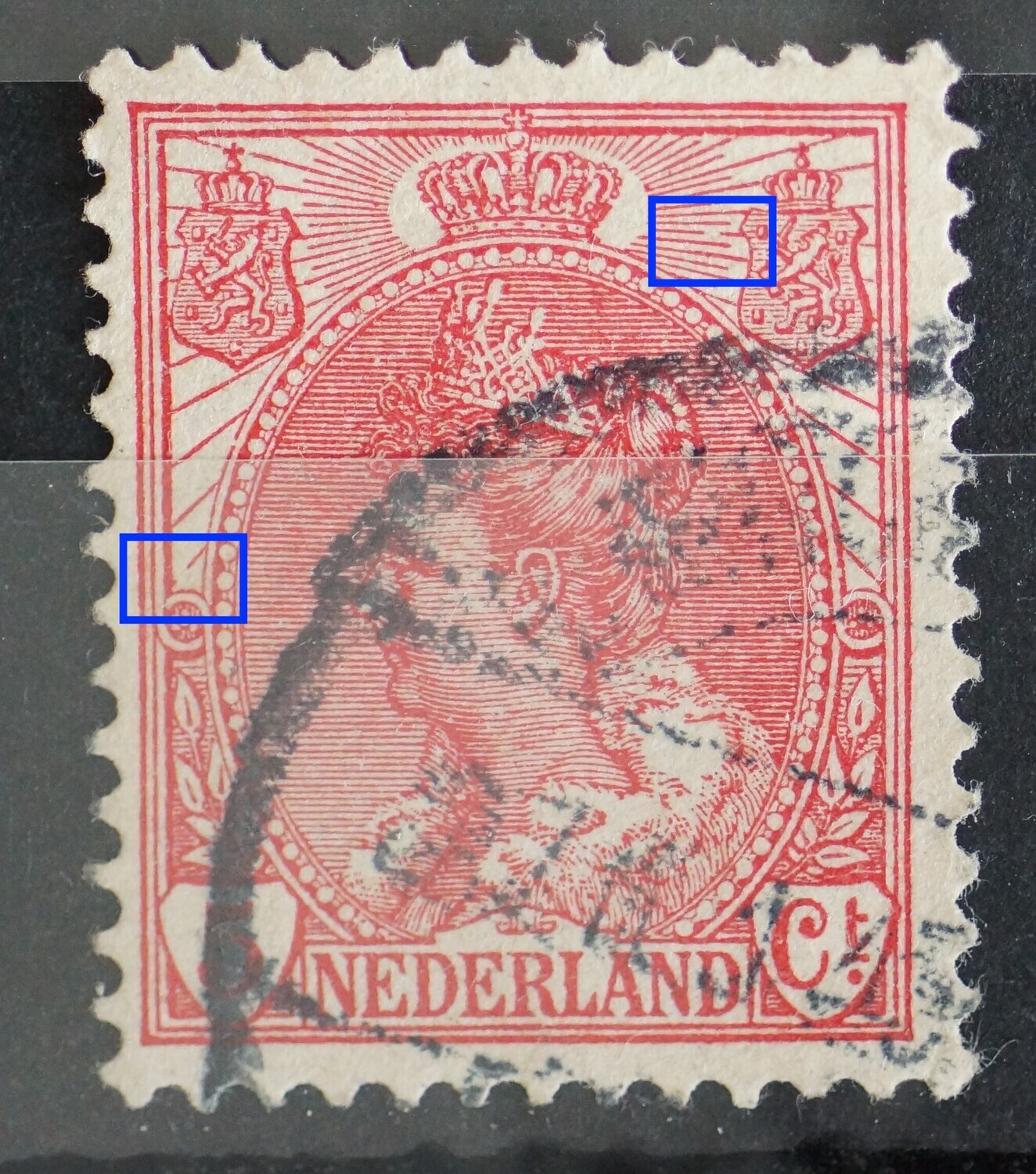 NVPH 60 - breuk in straal links, midden en bij rechter wapenschild NVPH 60 - breuk in straal links, midden en bij rechter wapenschild